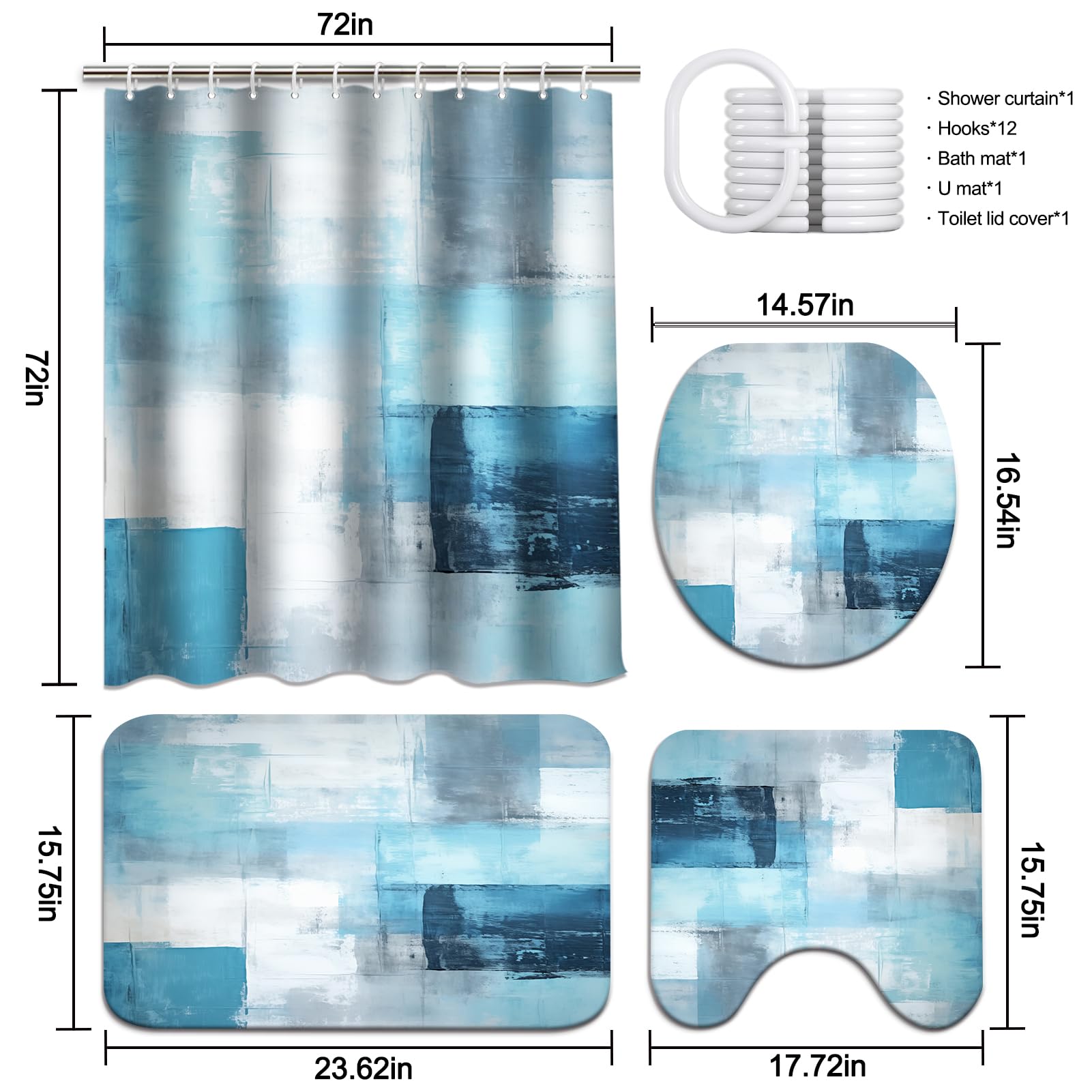 Lnond 4Pcs Bathroom Shower Curtain Sets With Rugs,Turquoise White Painting Art Bathroom Sets With Shower Curtain And Rugs And Ac
