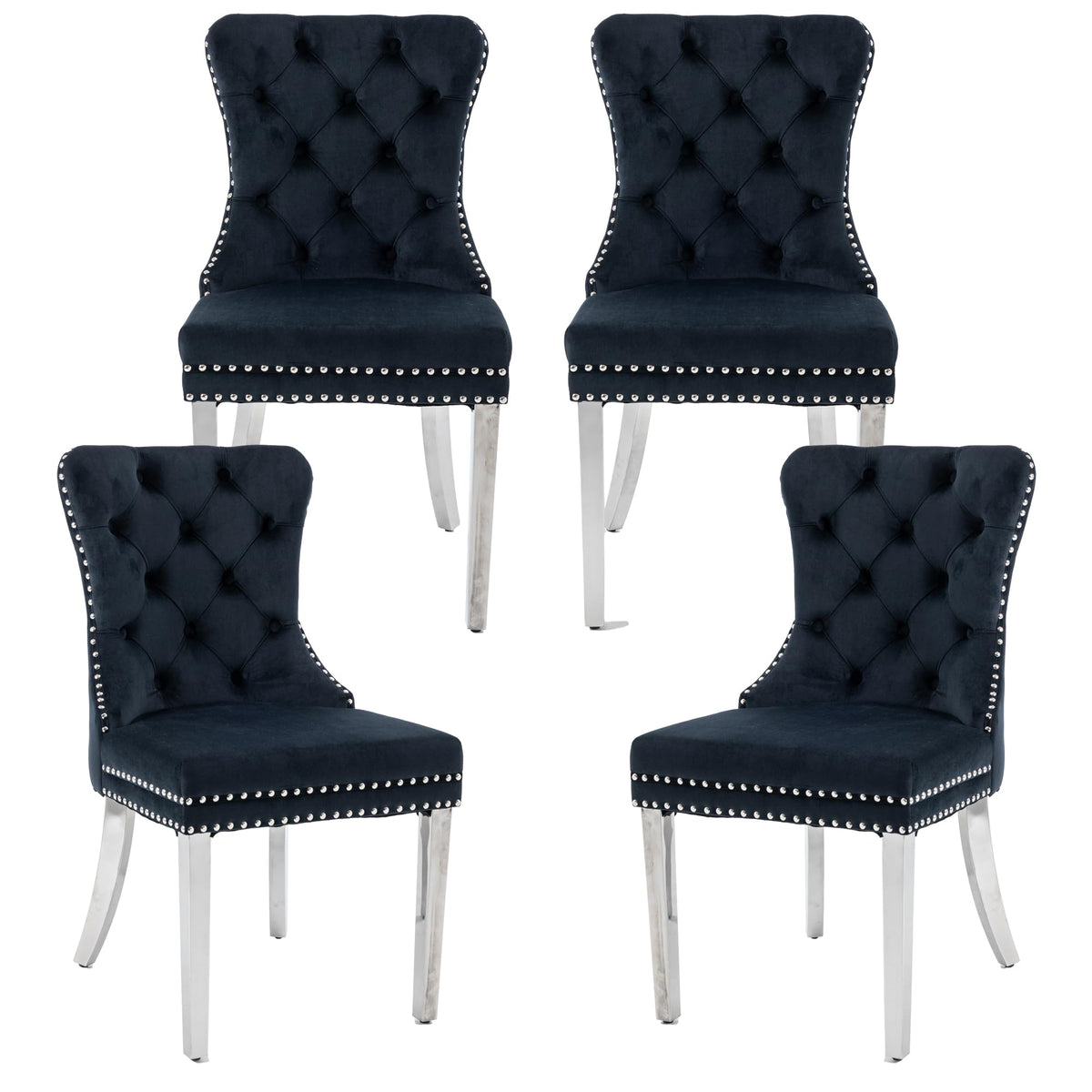 Goolon Dining Room Chairs Set Of 4, Button Tufted Velvet Chairs With Modern Stainless Steel Legs, Rivet Trim Metal Pull Ring Bac