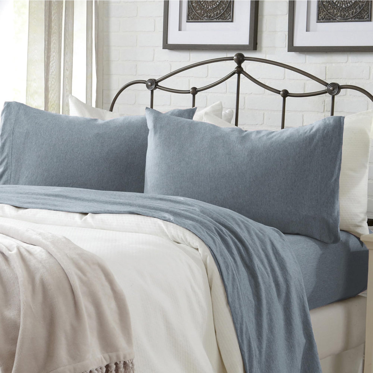 Great Bay Home Cotton Jersey Knit Twin Xl Sheet Set - Ultra-Soft, Stretchy, Heathered Melange Denim Blue Bed Sheets - Cozy, Soft
