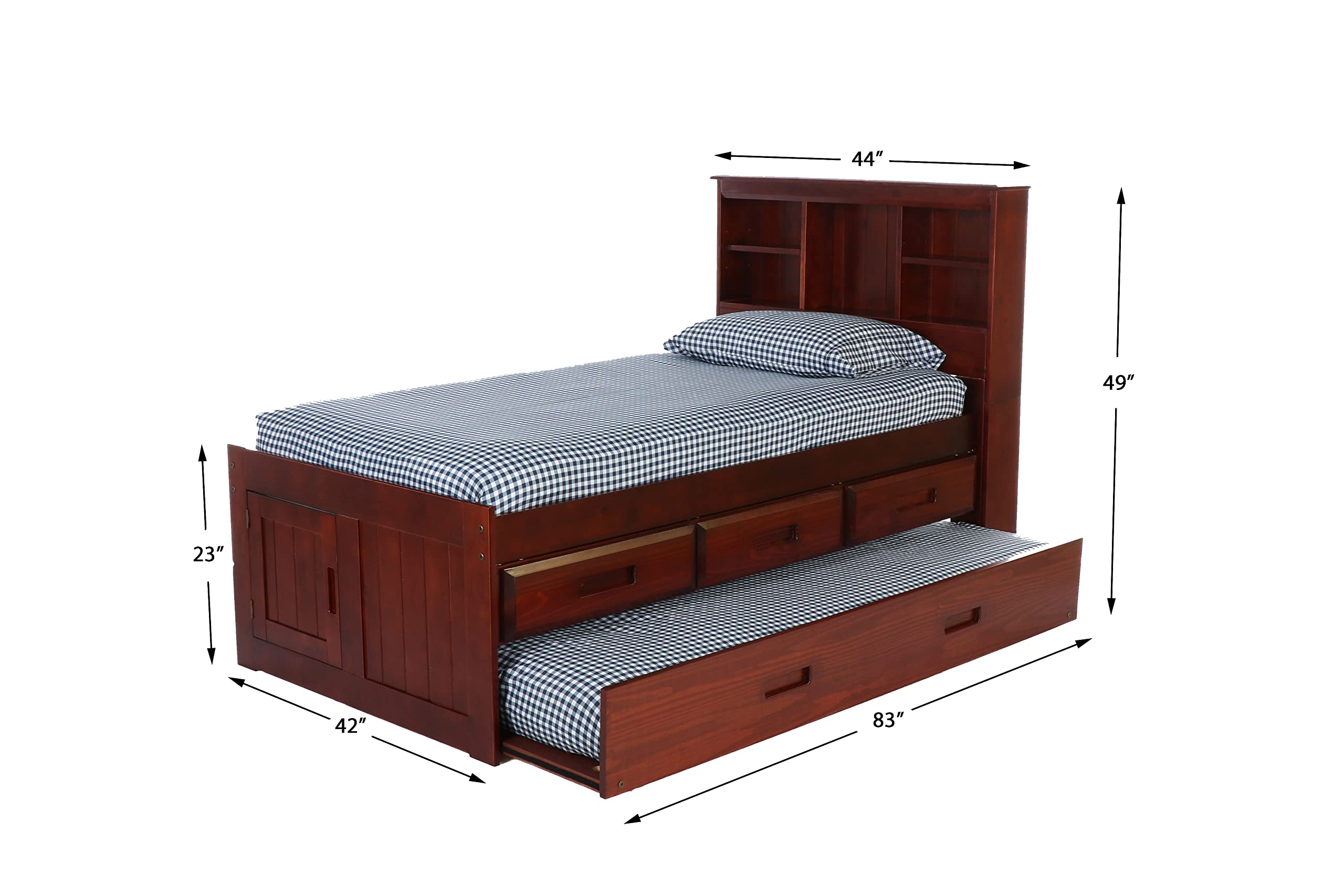 OS Home and Office Furniture Model 82820K3-22 Solid Pine Twin Captains Bookcase Bed with 3 Drawers and a Twin Sized Trundle in Rich Merlot
