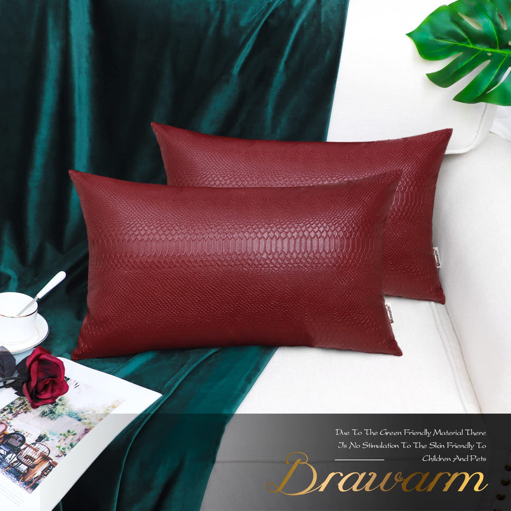 Brawarm Deep Red Leather Throw Pillows 12 X 20 Inches, Snake Leather Pillow Covers Pack Of 2, Faux Leather Decorative Lumbar Pil