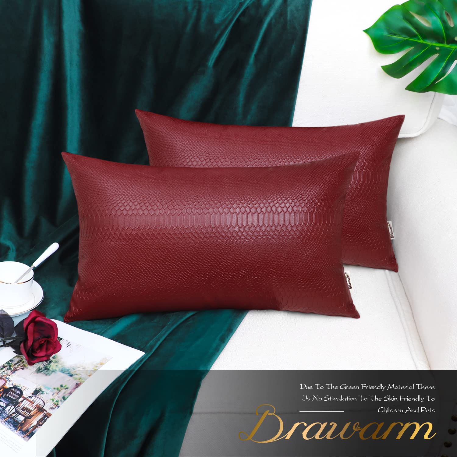 Brawarm Deep Red Leather Throw Pillows 12 X 20 Inches, Snake Leather Pillow Covers Pack Of 2, Faux Leather Decorative Lumbar Pil