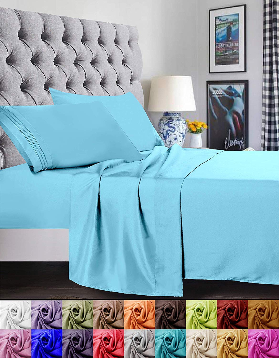 Elegant Comfort 1500 Premier Luxury Hotel Quality Super Soft Wrinkle Free And Fade Resistant 4-Piece Bed Sheet Set, Full, Aqua