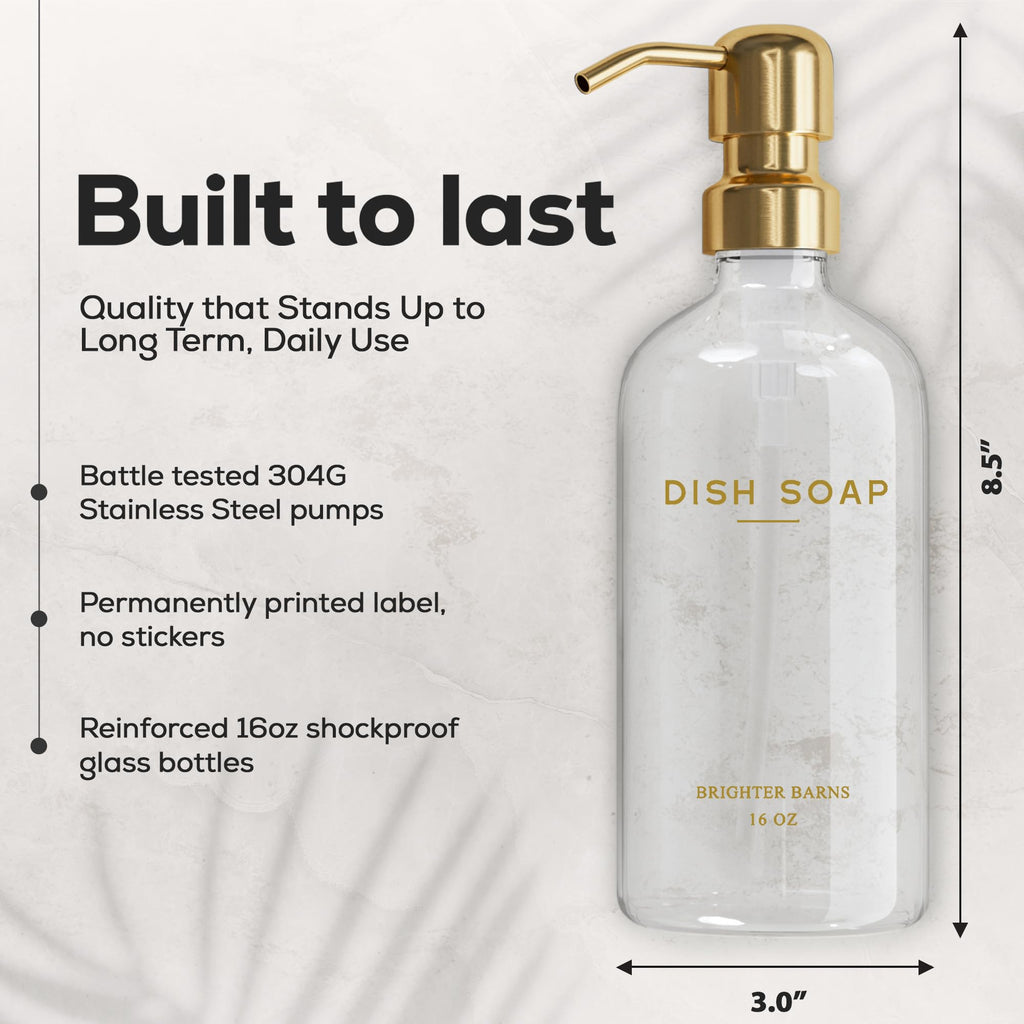Luxury Glass Soap Dispenser Set By Brighter Barns - Hand And Dish Soap Dispenser For Kitchen Sink - Kitchen Soap Dispenser Set &