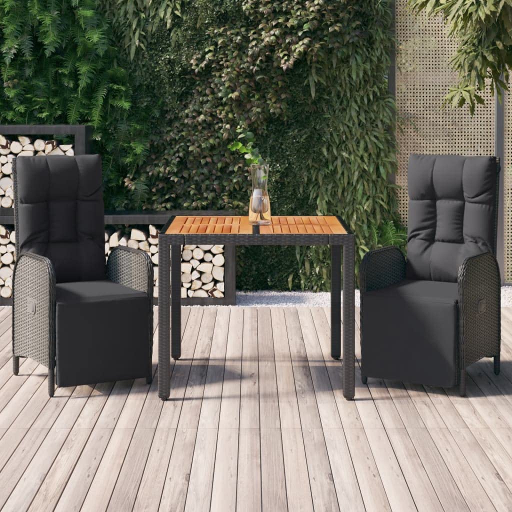 vidaXL Patio Dining Set 3 Piece, Wicker Dining Table and Chair with Cushions, Reclining Chair for Lawn Backyard Garden, Black Poly Rattan