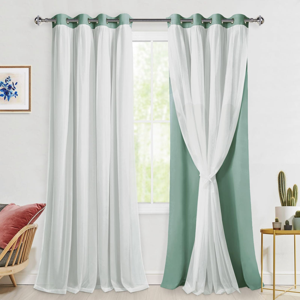 Hiasan Double Layer Blackout Curtains with Sheer Overlay, Extra Long Mix & Match Thermal Insulated Grommet Window Curtains for B