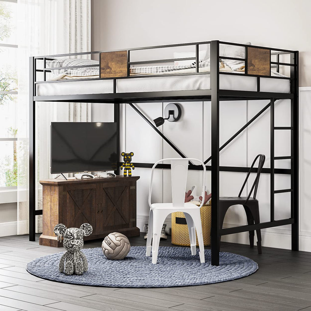 Sha Cerlin Loft Bed Twin Size With Ladder And Guardrail,Rustic Design,Metal Slats Support No Box Spring Needed Small Space Saving Furniture For Bedroom Dorm