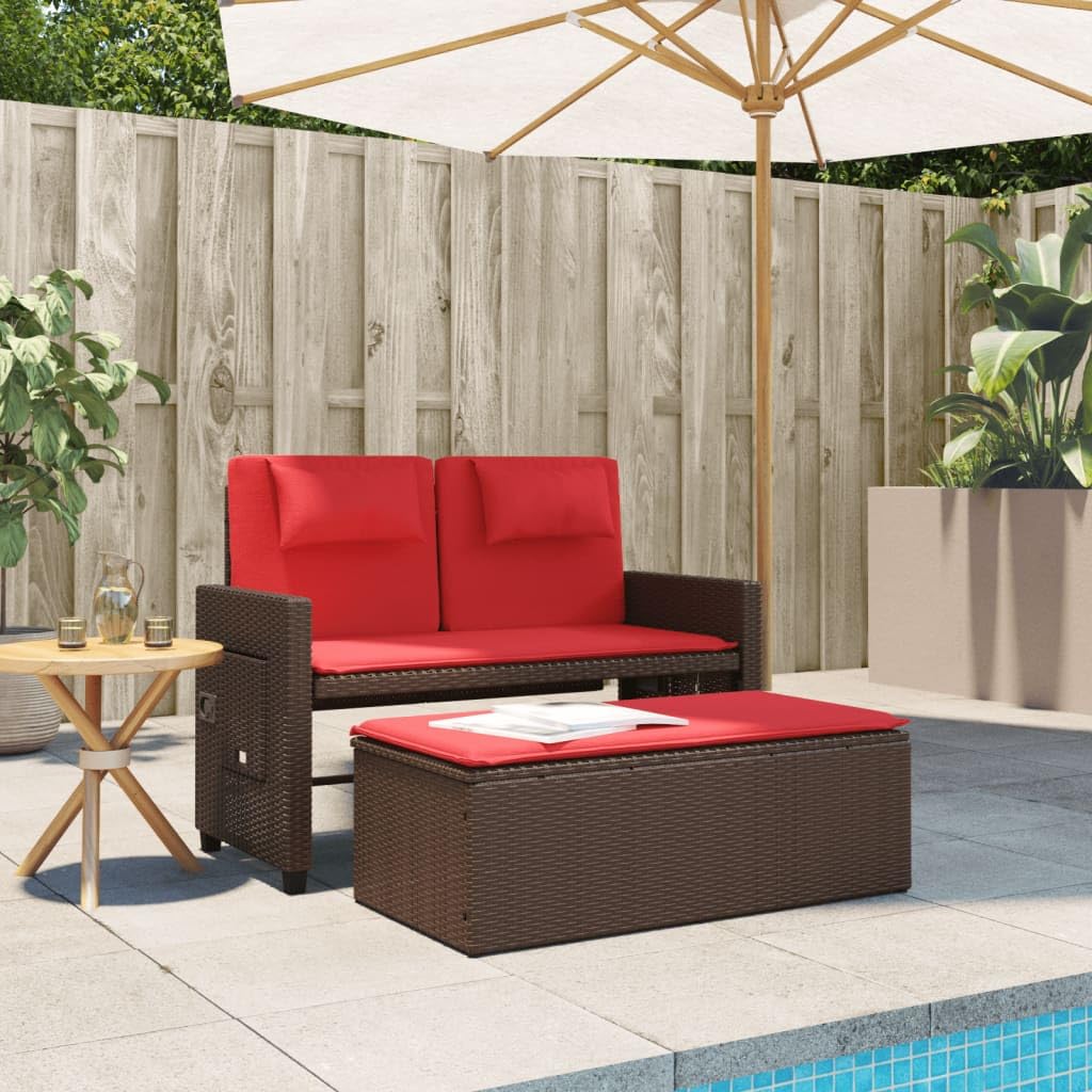vidaXL Poly Rattan Reclining Patio Bench w/Cushions - Outdoor Convertible Loveseat/Sofa Bed, Brown, Weather-Resistant, Adjustable