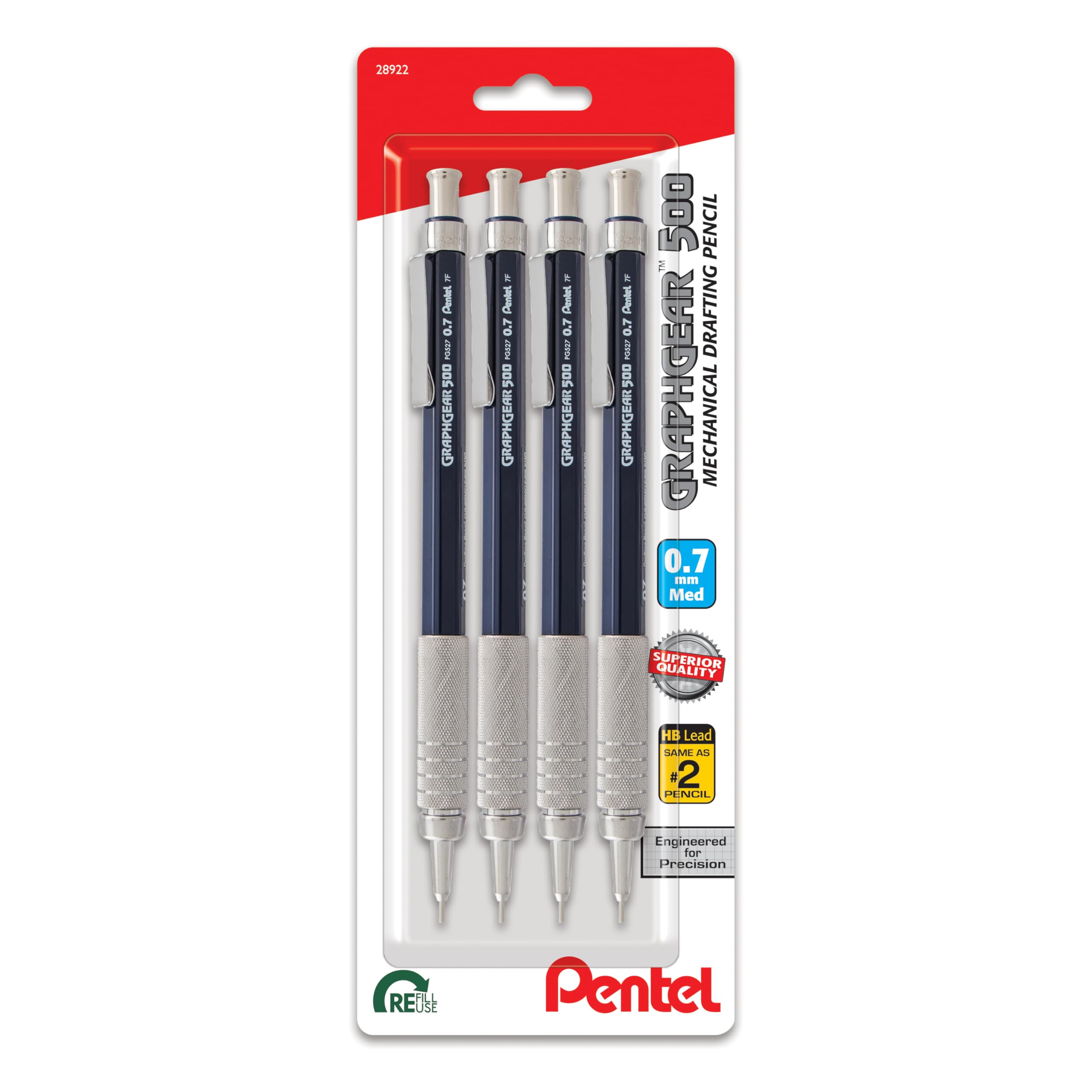 Pentel Graphgear 500 Mechanical Drafting Pencil, (0.7Mm), Medium Line, Blue Barrel, Pack Of 4 (Pg527Bp4C)