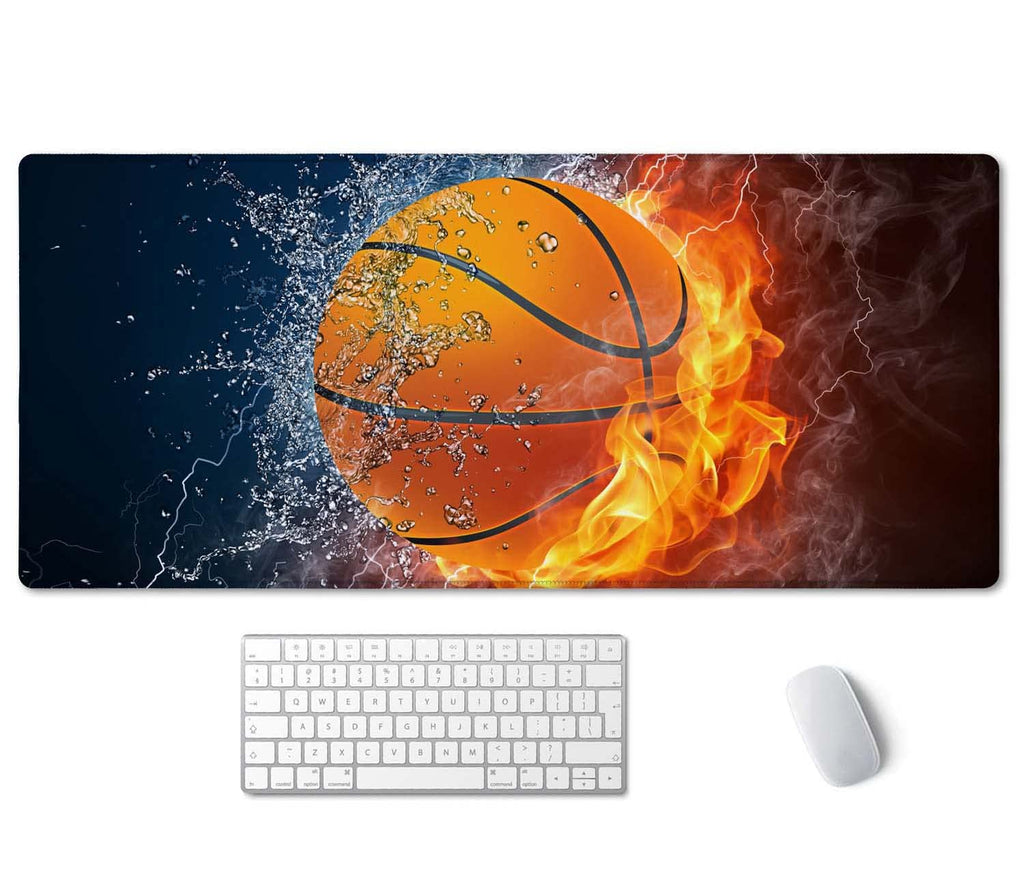 Ssoiu Extended Gaming Mouse Pad (35.5X15.7 In), Basketball Ball In Fire And Water Large Non-Slip Rubber Base Mousepad With Stitc