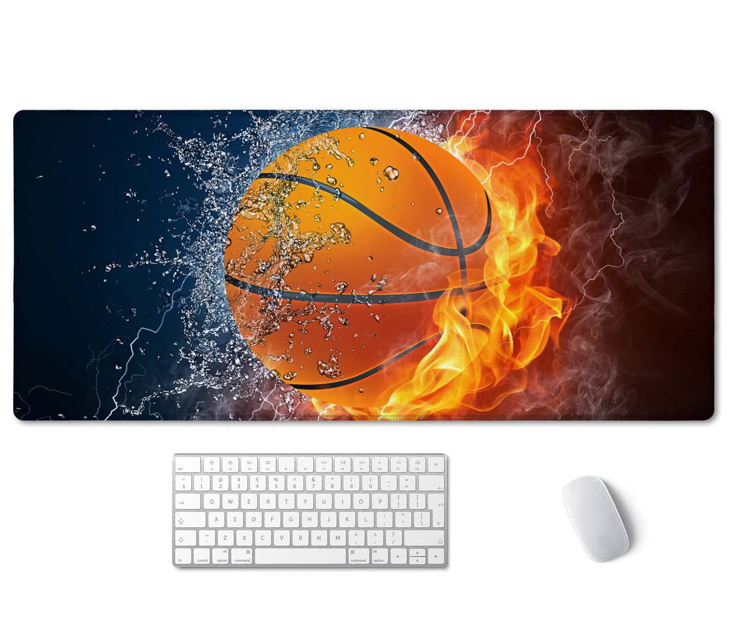 Ssoiu Extended Gaming Mouse Pad (35.5X15.7 In), Basketball Ball In Fire And Water Large Non-Slip Rubber Base Mousepad With Stitc