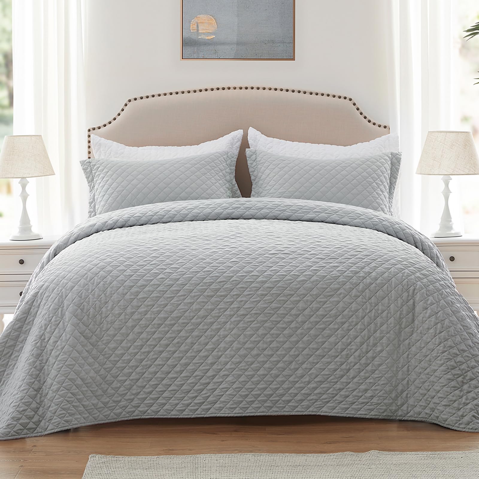 Sunstyle Home Quilt Set King Light Grey Lightweight Bedspread Soft Reversible Coverlet For All Season 3Pcs Diamond Quilted Beddi