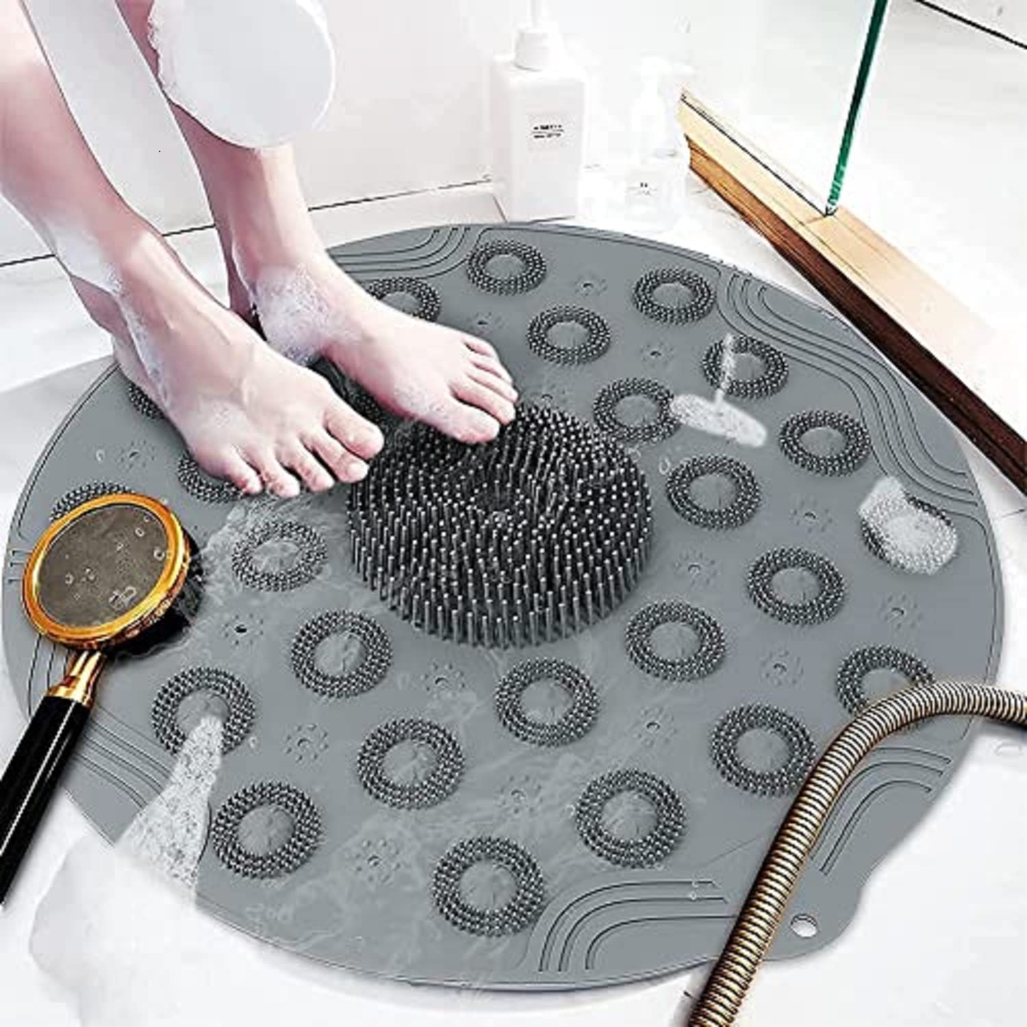 HETVIN Round Floor Mat Foot Scrubber Non Slip Shower Mat with Friction and Suction Cup Anti Slip Bath Mats with Drain Hole Bathr