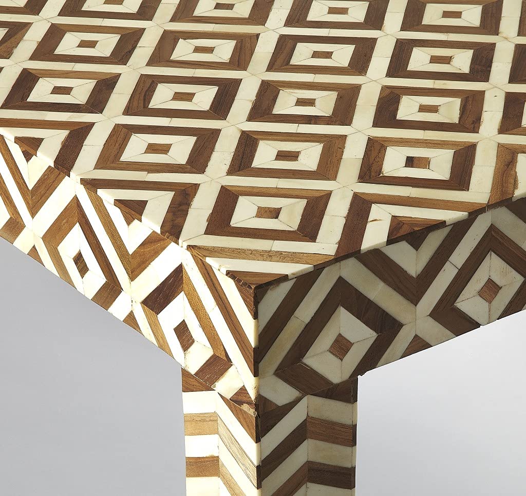 HomeRoots Light Brown Merranti Wood Solids, Bone and Teak Wood Inlays Geo and Chevron Teak and Bone Inlay Bench