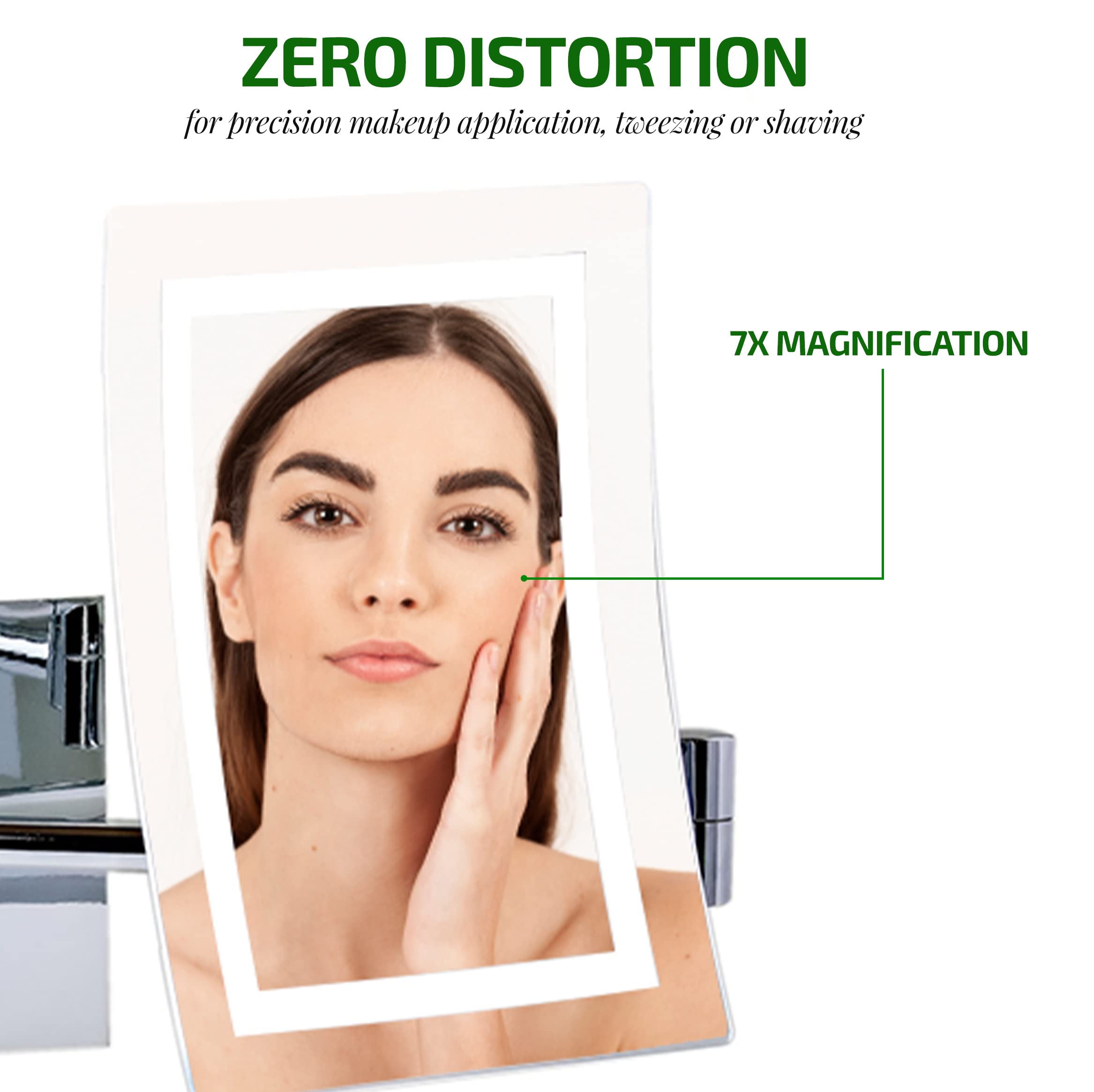 Ovente 7' Lighted Wall Mount Makeup Mirror, 7X Magnifier, Square White Led W/Dimmer Switch, One Sided Adjustable, Extend & Fold