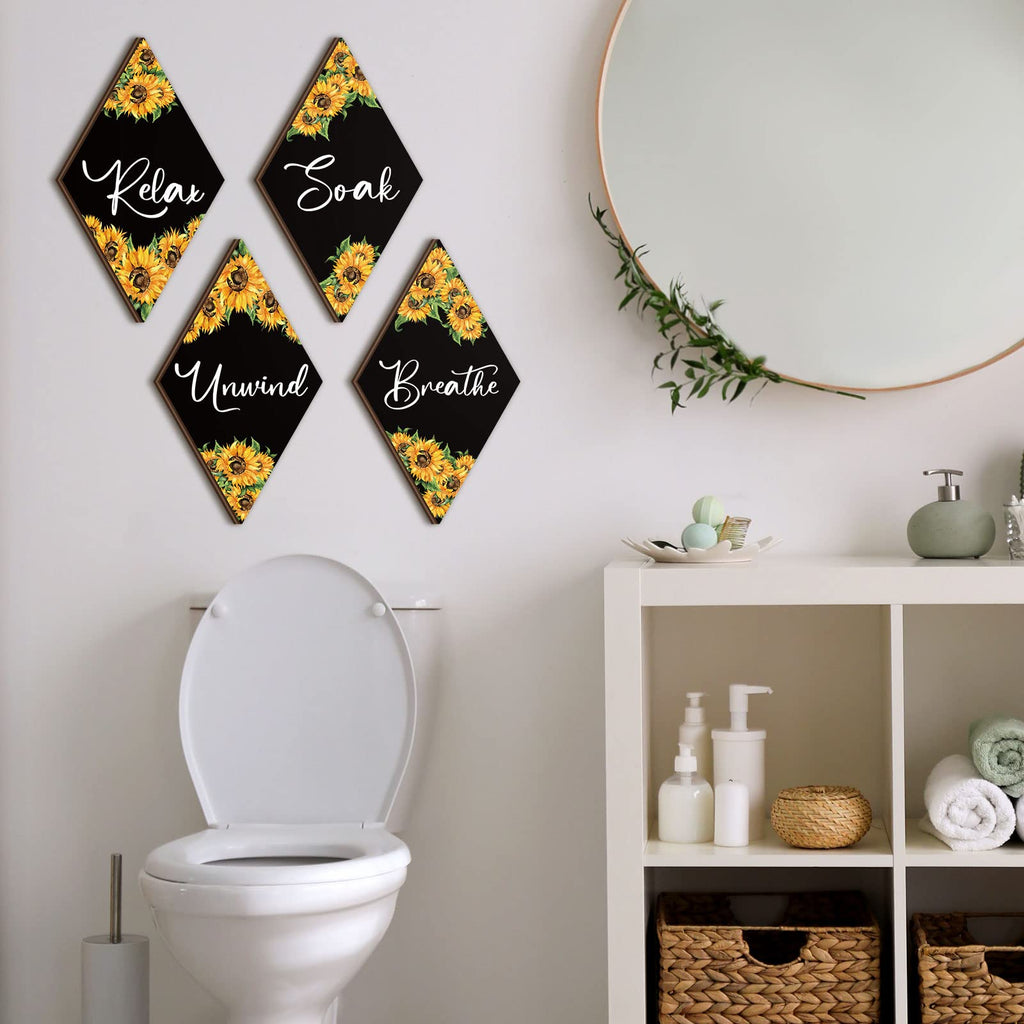 Qunclay Sunflower Bathroom Wall Decor - Rustic Signs for Home, Kitchen, Laundry, Spa - Black, Yellow, White - Model WV-Qunclay-5203
