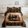 Castle Fairy Deer Bear Plaid Comforter Set King Size,Animal Hunting Bear Print Bedding Set All Season Quilt Set,Pine Trees Rusti