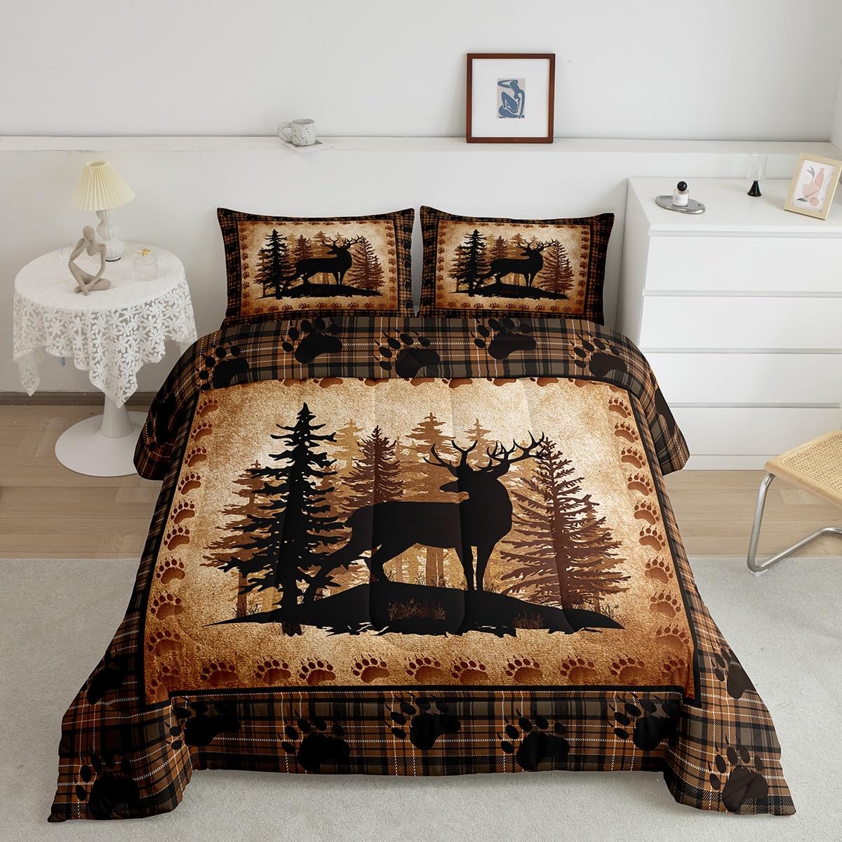 Castle Fairy Deer Bear Plaid Comforter Set King Size,Animal Hunting Bear Print Bedding Set All Season Quilt Set,Pine Trees Rusti