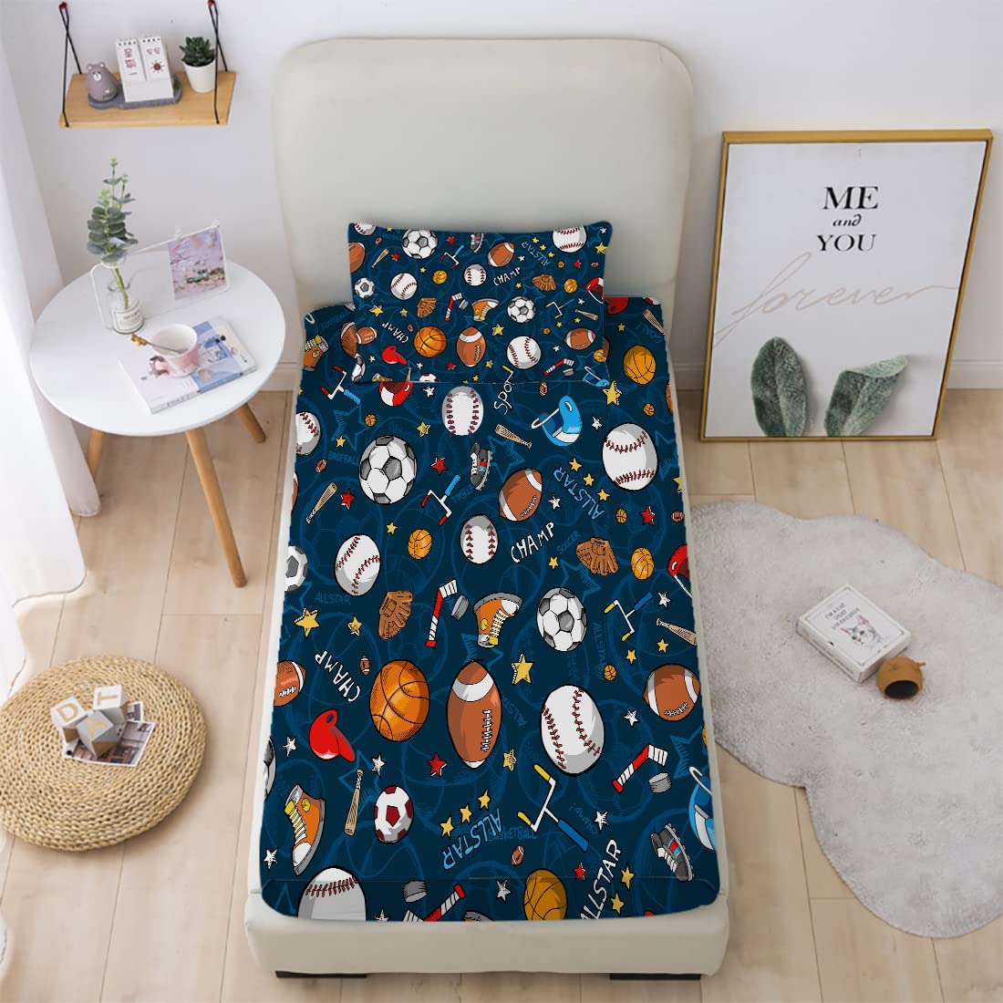 Gusuhome Boys Sports Fitted Sheet Full/Queen Size 3D Soccer Basketball Baseball Football Bedding For Kids Teens Bedroom Comfy De