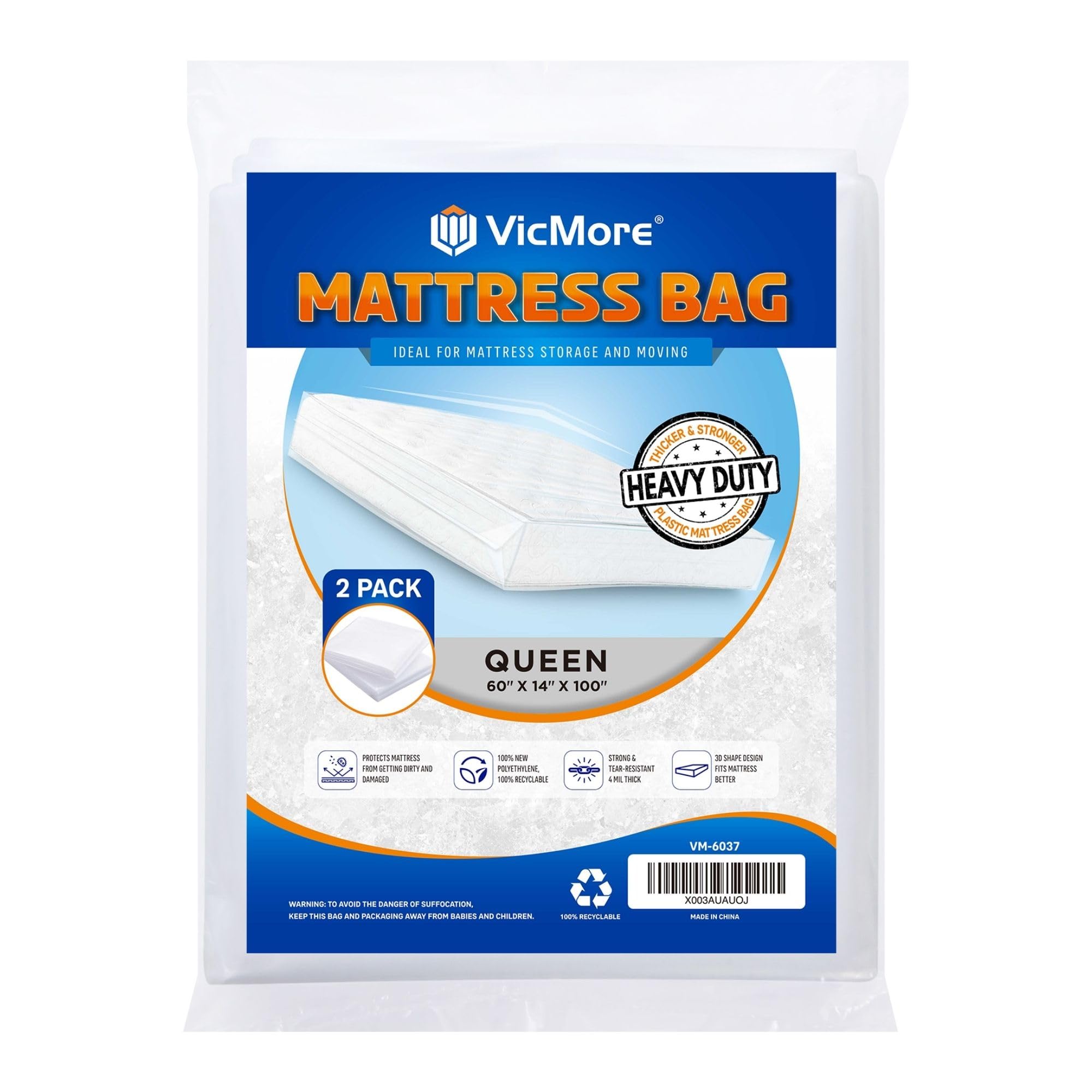 Vicmore 2-Pack Queen Size Heavy-Duty Mattress Protector - Plastic Mattress Protector Set For Moving & Storage - Tear-Resistant &