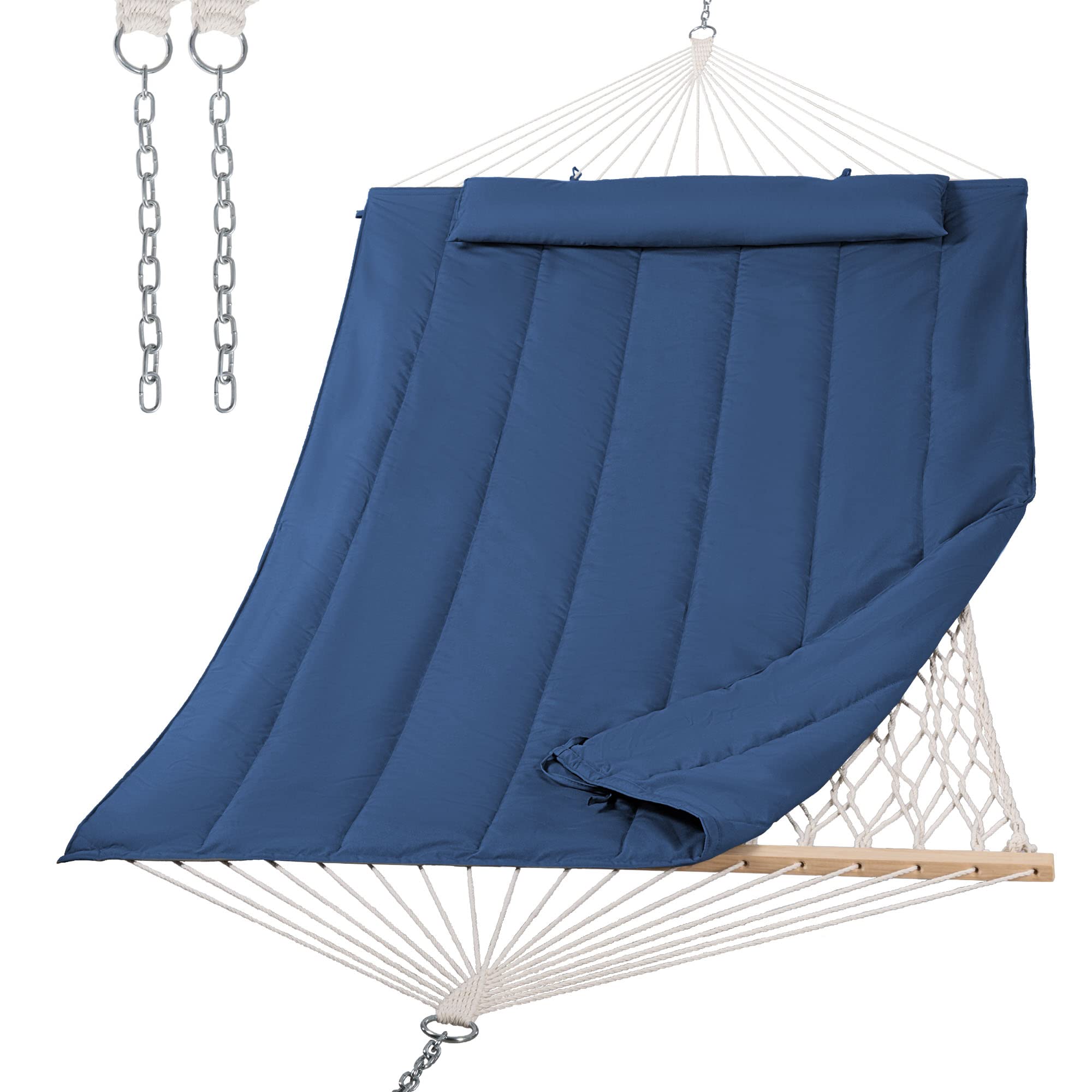 Suncreat Hammocks Outdoor Double Hammock With Hardwood Spreader Bar, Heavy Duty Cotton Rope Hammock With Polyester Pad, Dark Blu