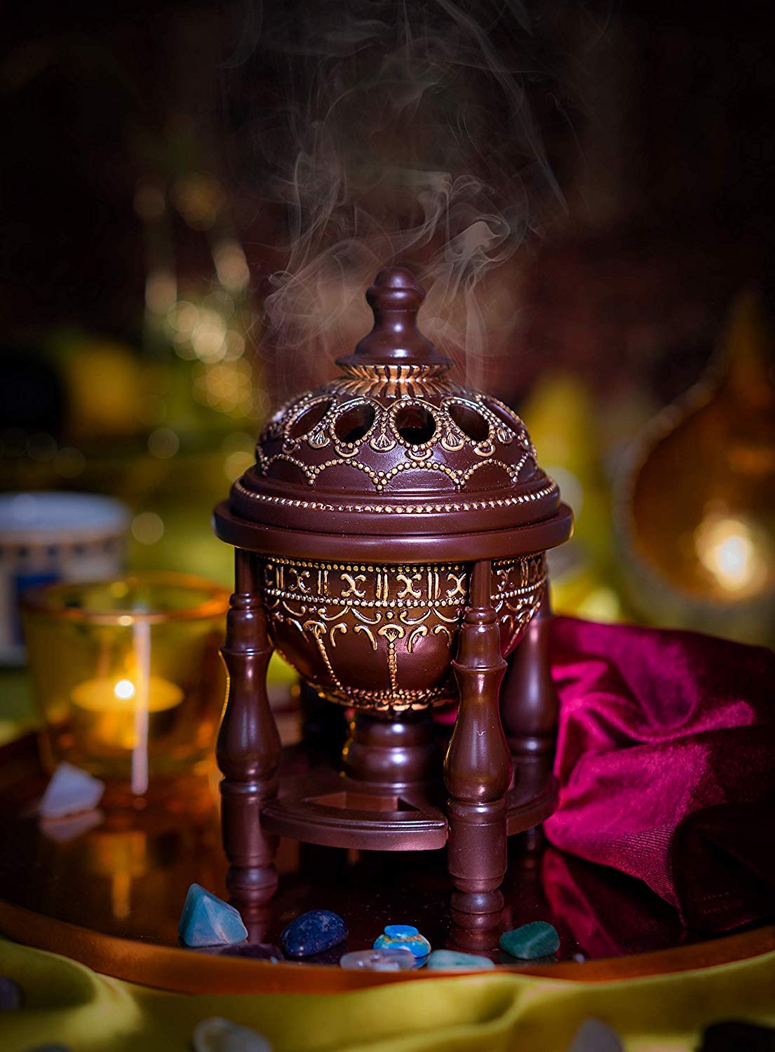 Am Charcoal Incense Burner - Bakhoor Burner, Oud Frankincense Resin Burner - For Office & Home Decor - Lavish 4 Pillar Brown
