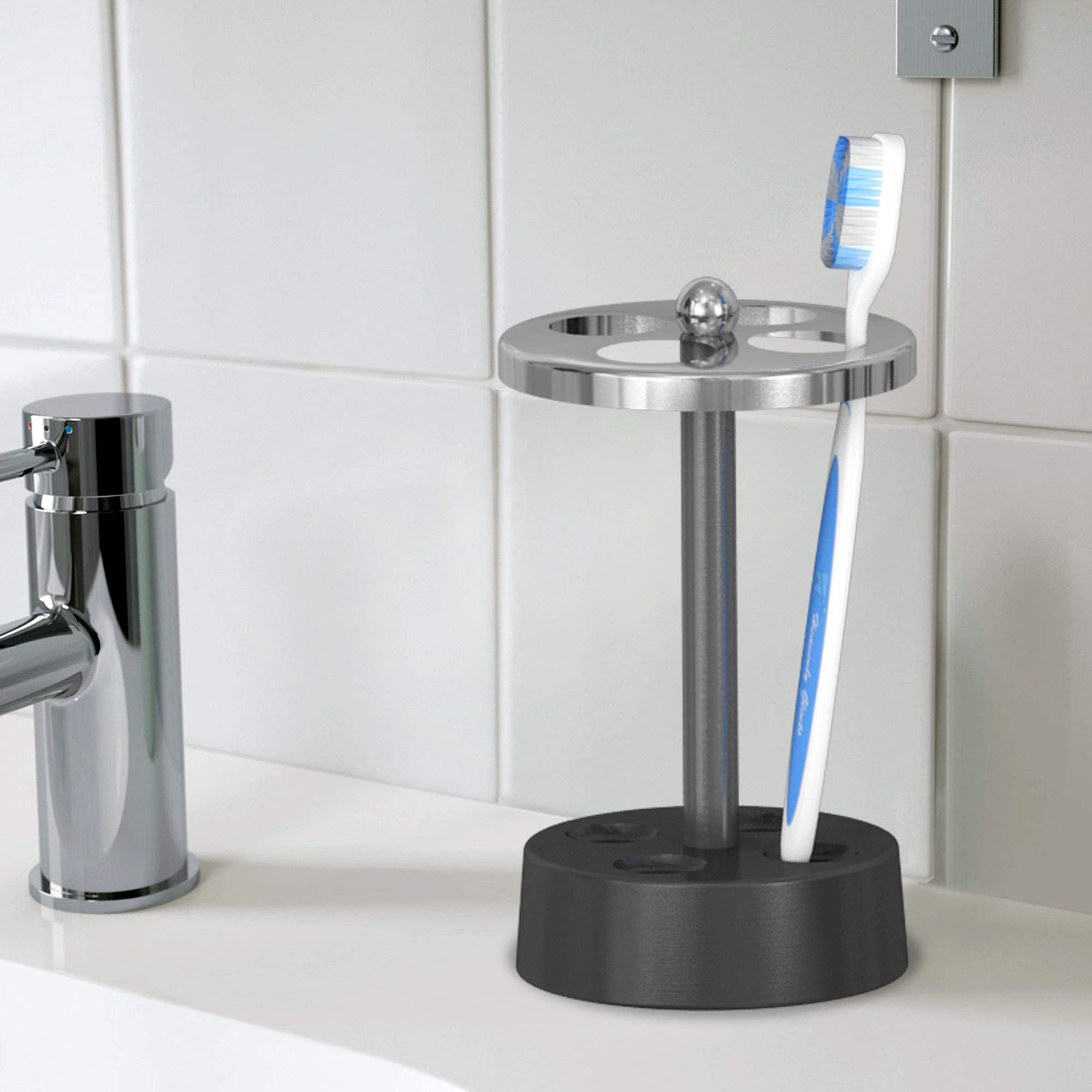 Nu Steel Triune Toothbrush Holder & Makeup Organiser In 3-Tone Shiny Gray Stainless Steel For Bathrooms & Vanity Spaces