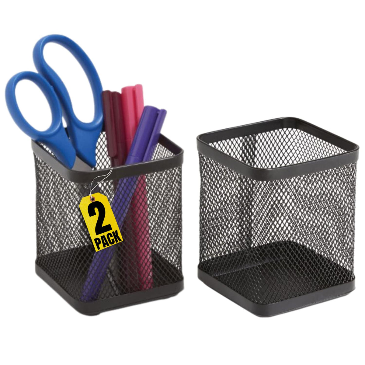 1Intheoffice Pen Cup Holder, Metal Mesh Pencil Cup Holder, Stackable Wire Mesh Regular Pencil Holder, Matte Black 2 Pack