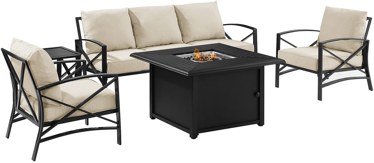 Crosley Furniture Kaplan 5-Piece Outdoor Sofa Patio Furniture Set with Propane Gas Fire Pit Table, Oiled Bronze with Oatmeal Cushions