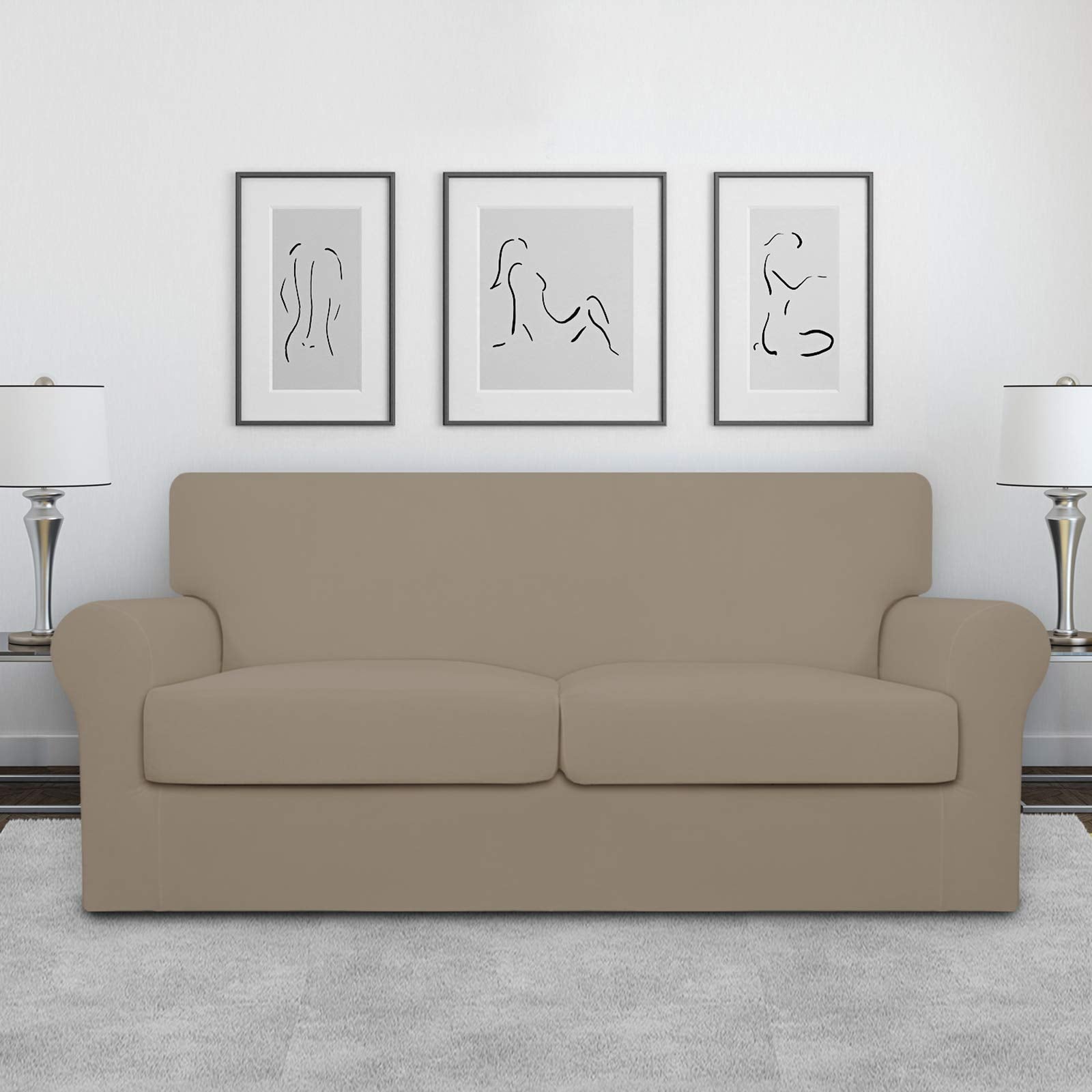 Easy-Going Oversized 3 Pieces Stretch Fleece Soft Loveseat Couch Cover For Pets - Washable Sofa Slipcover For 2 Separate Cushion Couch - Elastic Furniture Protector For Dogs, Kids Natural