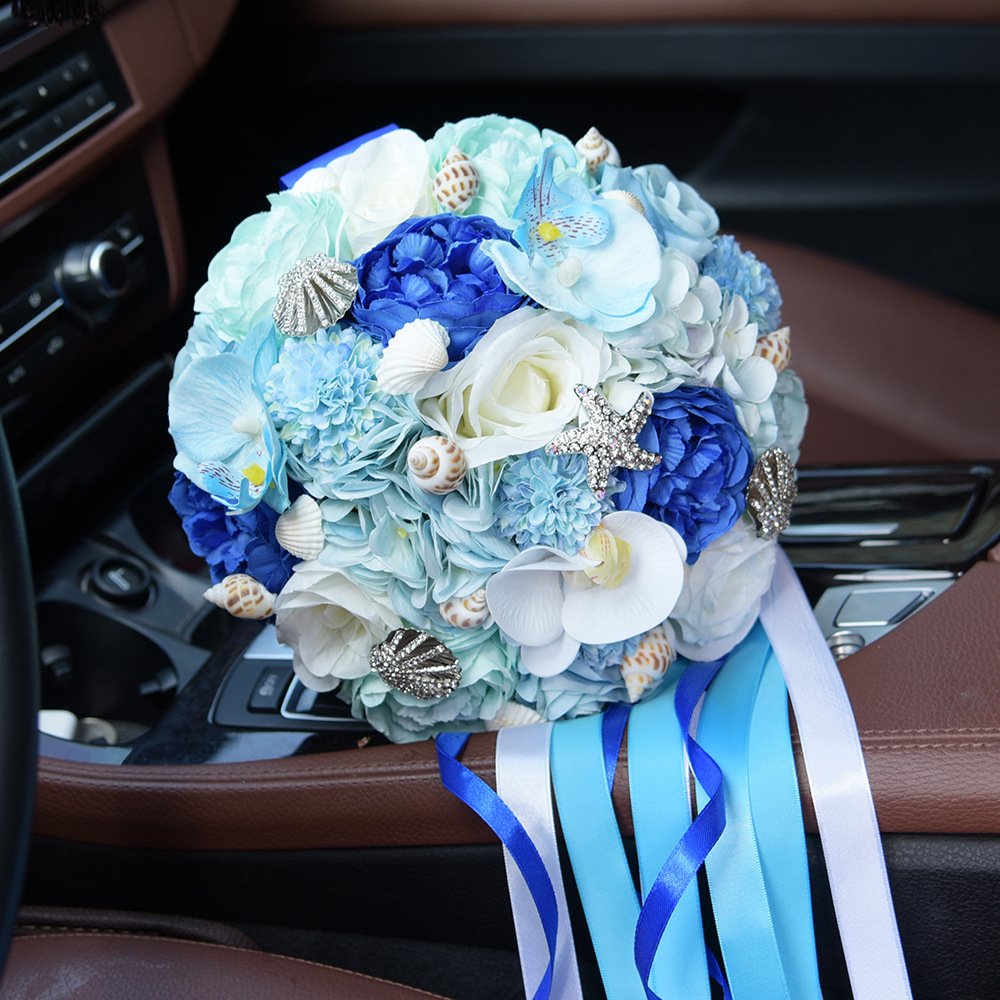 Abbie Home Blue Beach Wedding Bridal Bouquet Holding Tossing Flower With Pearl Seashell And Rhinestone Decoration For Beach Wedd