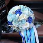 Abbie Home Blue Beach Wedding Bridal Bouquet Holding Tossing Flower With Pearl Seashell And Rhinestone Decoration For Beach Wedd