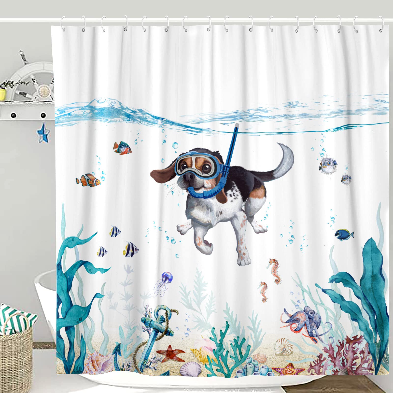 Lifeella Funny Dog Shower Curtain Teal Blue Sea Ocean Waterproof Fabric Shower Curtains For Bathroom With Animal Octopus Starfis