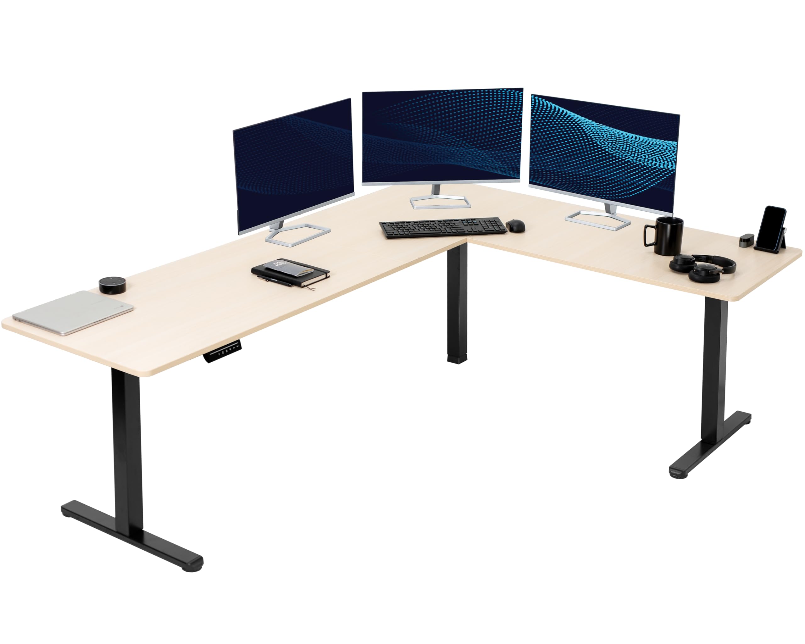 VIVO Electric Corner 84 x 63 inch L-Shaped Standing Desk, Memory Height Adjustment, Light Wood Top Black Frame, DESK-E3CTBC-84