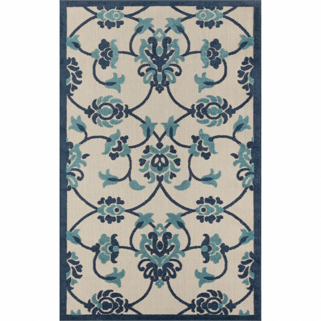 HomeRoots 517450 8 x 10 ft. Blue Floral Non Skid Indoor & Outdoor Rectangle Traditional Area Rug