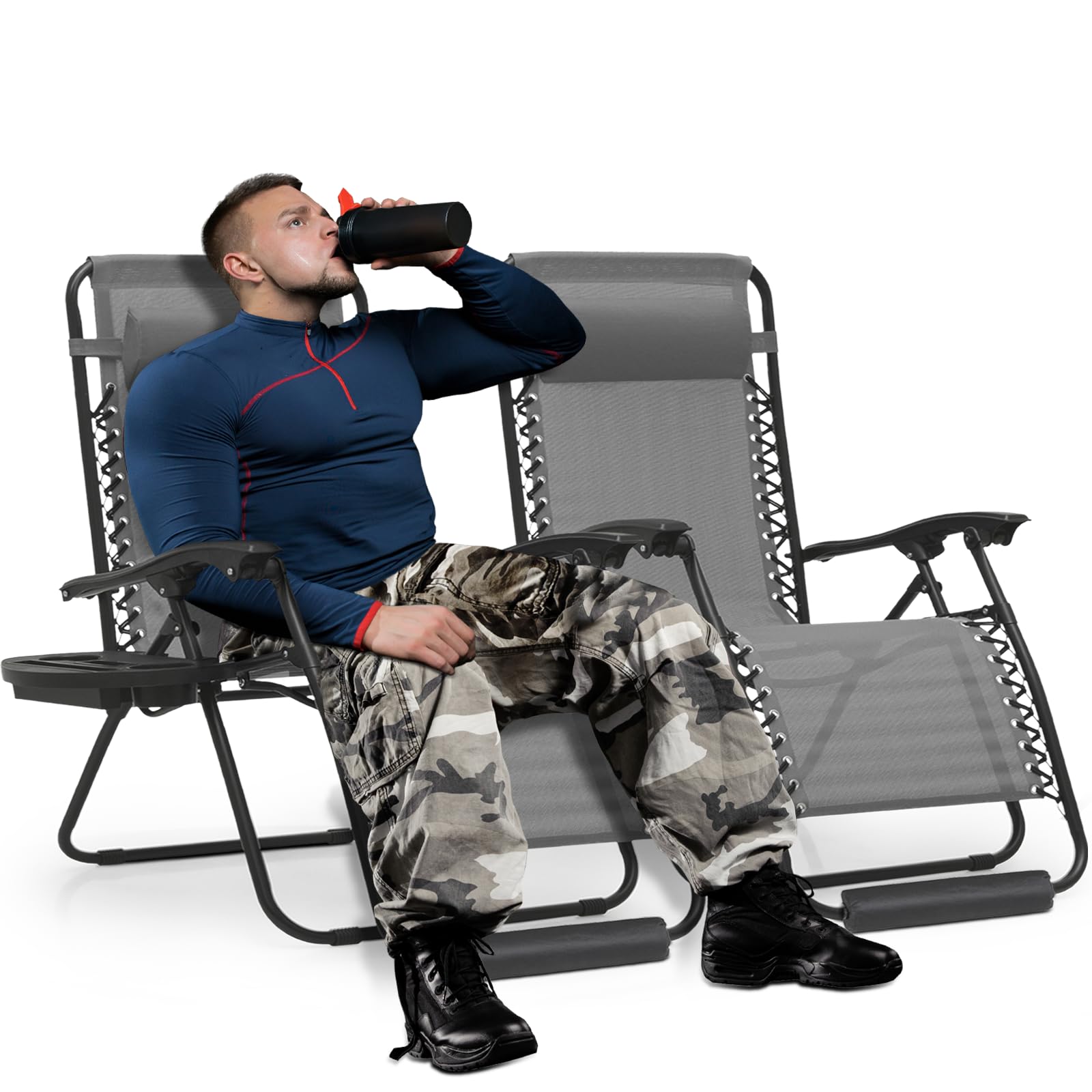 Monibloom 29-Inch Oversized Zero Gravity Chairs Set Of 2, Patio Anti Gravity Recliner, Xl Foldable Outdoor Lounger With Cup Holder Tray, Headrest And Footrest For Beach Camping, Grey