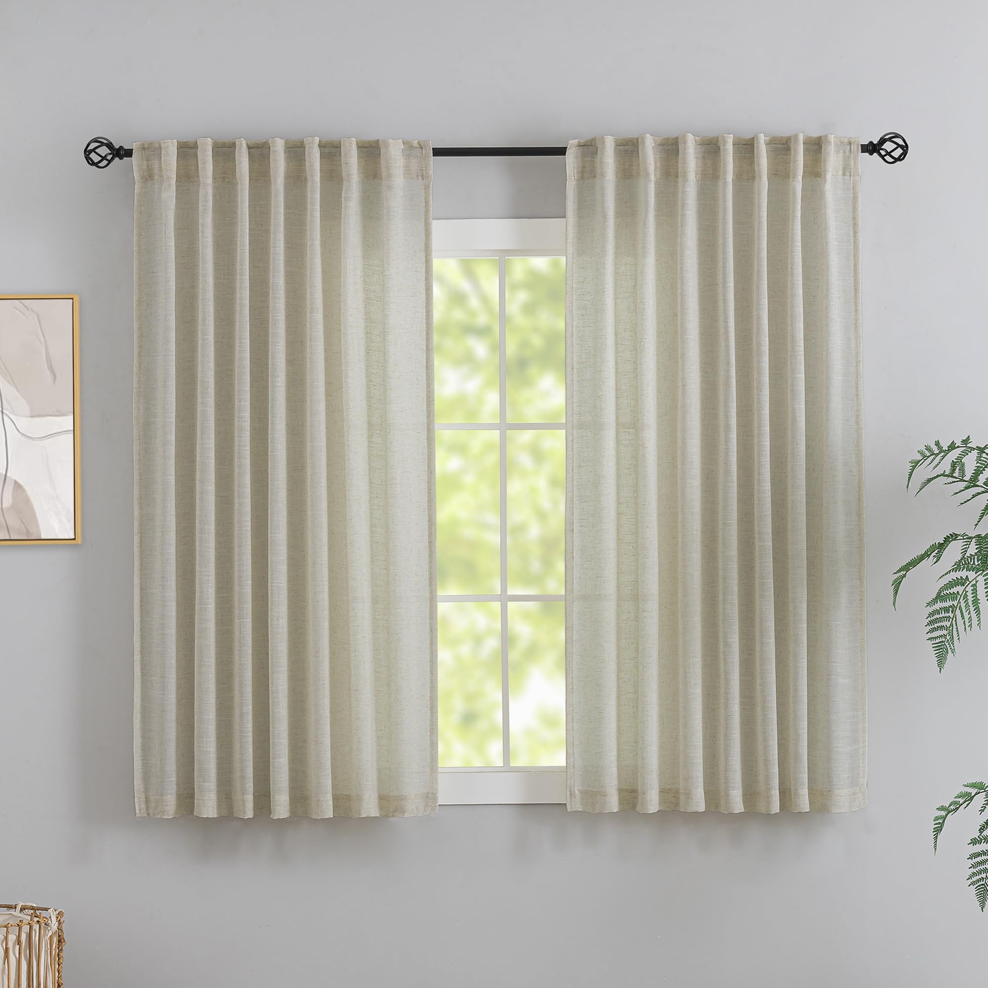 Flax Linen Curtains 72 Inch Length - Shabby Chic Rustic Farmhouse Decor Back Tab Loop Pocket Light Filtering Semi Sheer Soft Woven Textured Curtains For Reception Room,Beige Sand Set Of 2 Panels