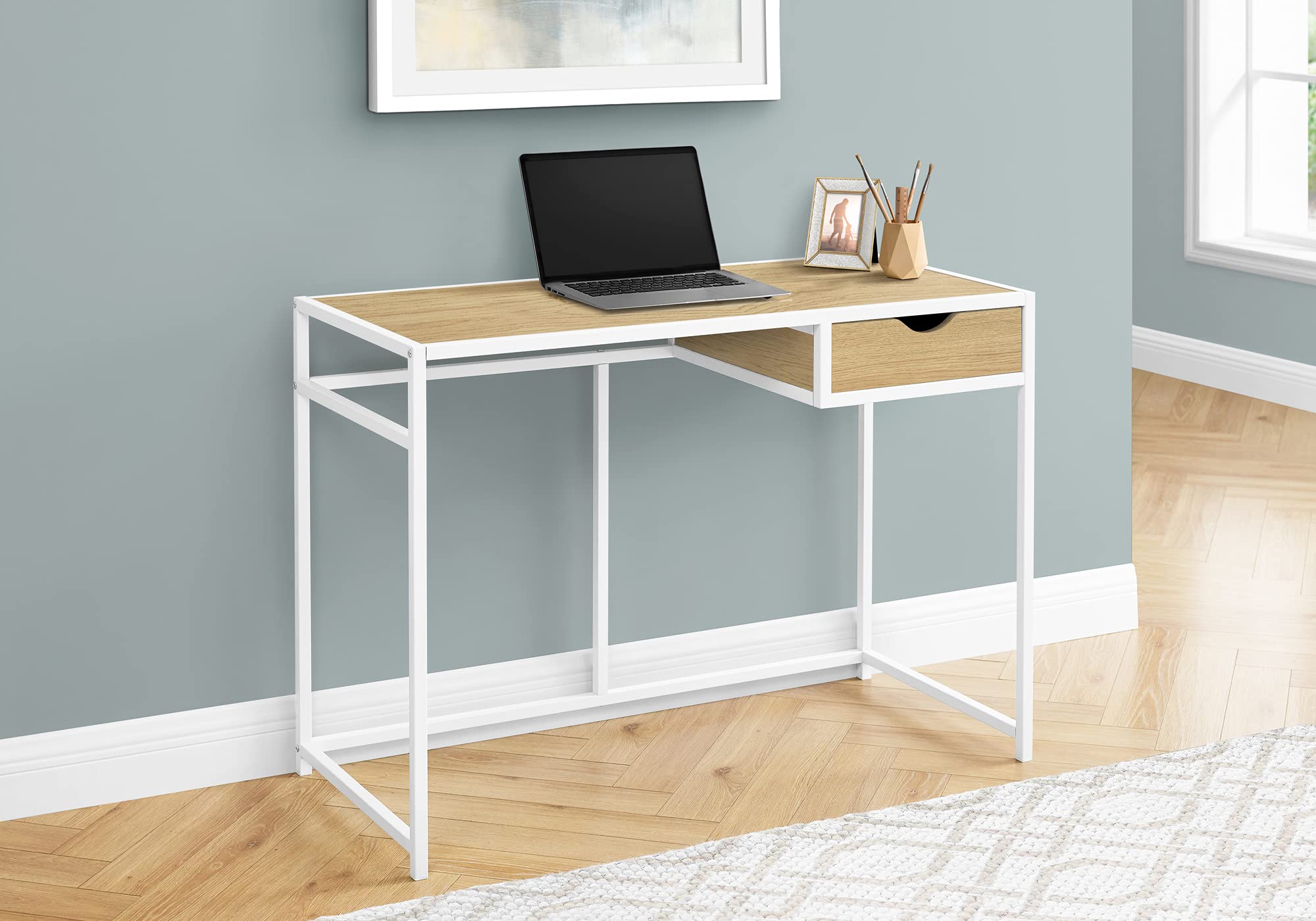 Monarch Specialties 7575 Computer Desk, Home Office, Laptop, Storage Drawer, 42' L, Work, Metal, Laminate, Contemporary, Modern Desk-42, 42.25' L x 20' W x 30' H, Natural Wood-Look/White