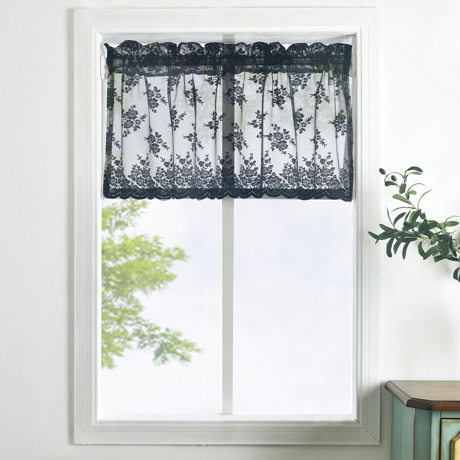Kotile Black Lace Valance Curtain For Windows, Gothic Black Sheer Valance For Halloween, Light Filtering Rod Pocket Vintage Wind