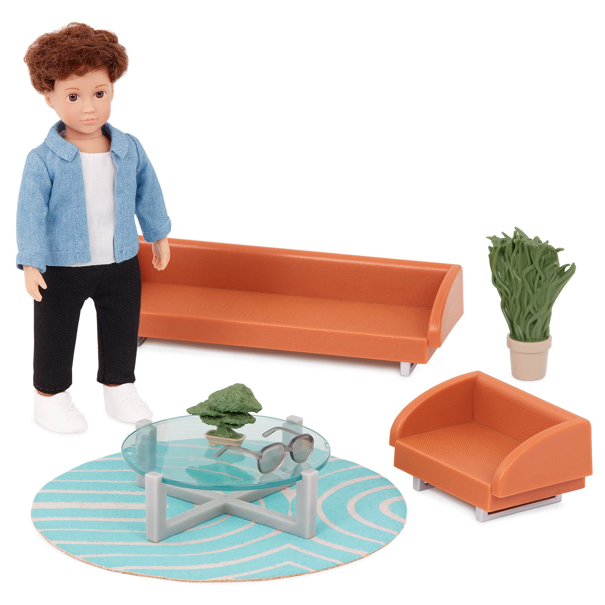 Lori - Mini Boy Doll & Toy Living Room Furniture - 6-inch Boy Doll & Dollhouse Accessories - Sofa, Armchair, Coffee Table, Rug, 