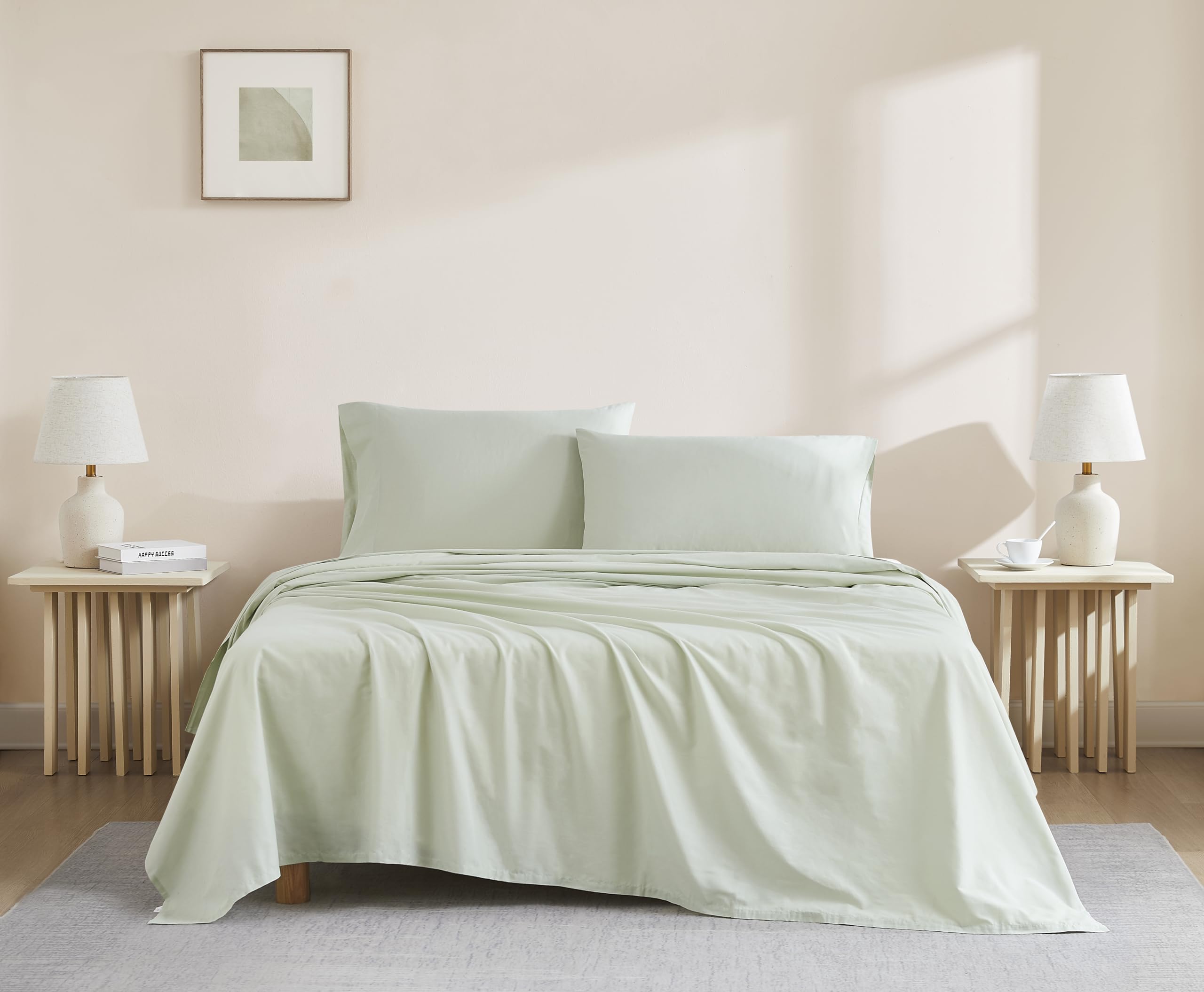 Linen Closet Luxury Cotton 144 Thread Count Organic Cotton 4-Piece Sheet Set, King, Light Green