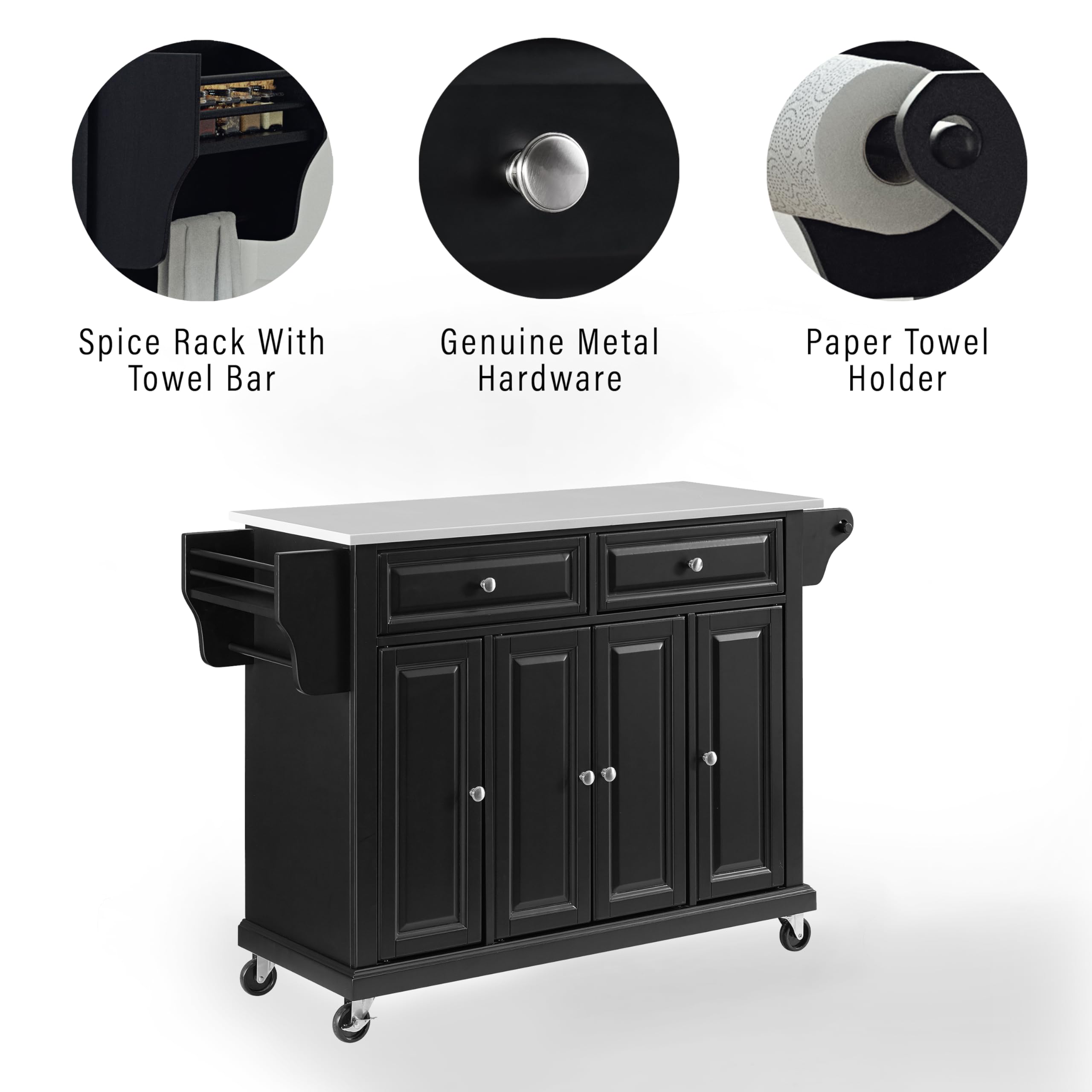 Crosley Furniture Full Size Stone Top Rolling Kitchen Island Storage Cart, Microwave Stand, Spice Rack, Black