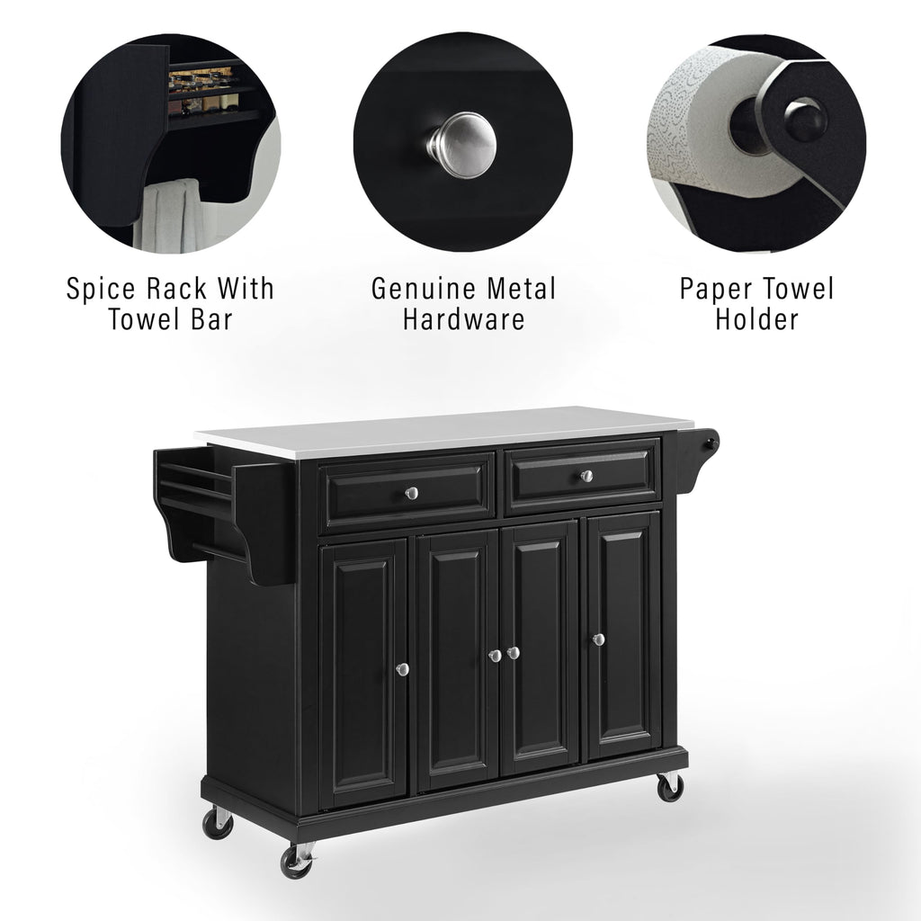 Crosley Furniture Full Size Stone Top Rolling Kitchen Island Storage Cart, Microwave Stand, Spice Rack, Black
