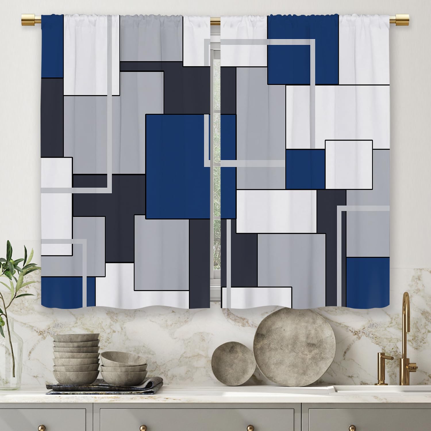 Laifzere Navy Blue Geometric Kitchen Curtains Modern Abstract Checkered Small Short Cafe Window Curtains Black Grey White Rod Po