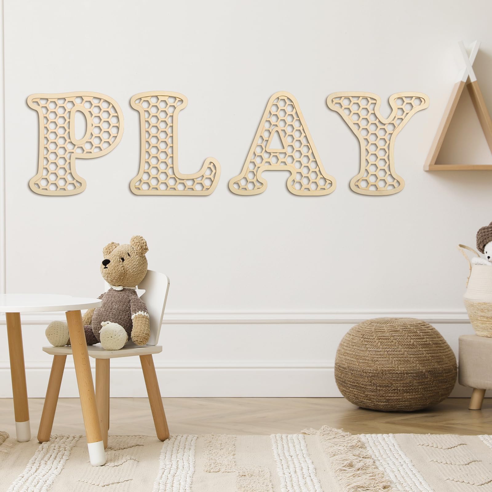 RattanView Wooden Play Rattan Letters Set Playroom Decor Boho Wall Signs Play Wooden Rattan Letters Wall Decor for Playroom Art 