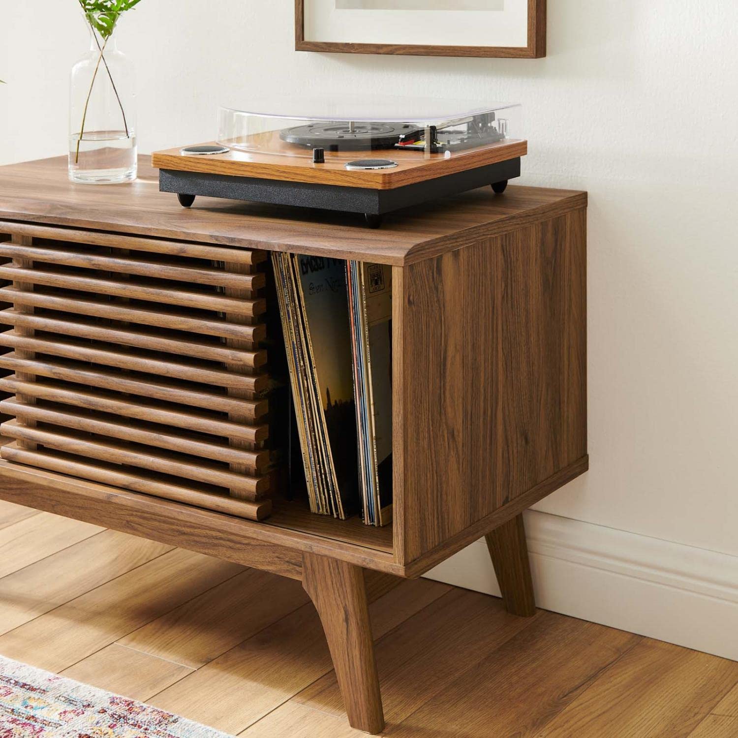 Modway Render 37 Vinyl Record Display Stand - Mid-Century Modern Design in Walnut Finish
