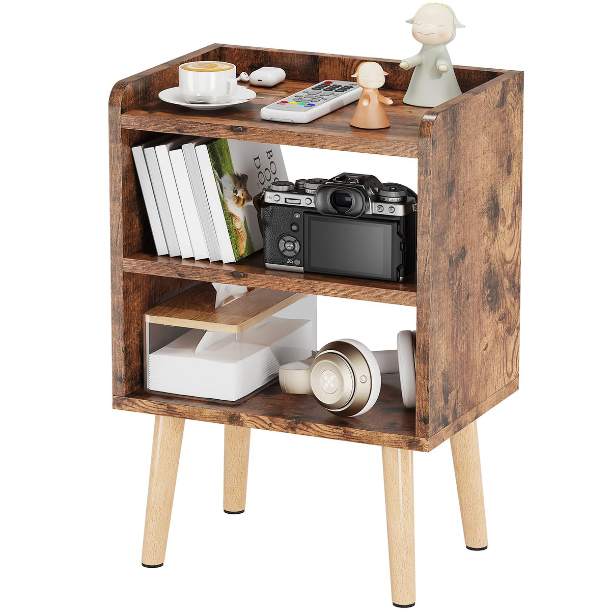 Lucknock Night Stand, Modern Bedside Tables, Mid Century Nightstands With Open Storage Shelf, Wood Bedside Table, Small Night Stands For Bedroom, 3-Tier Night Table, Rustic Brown.