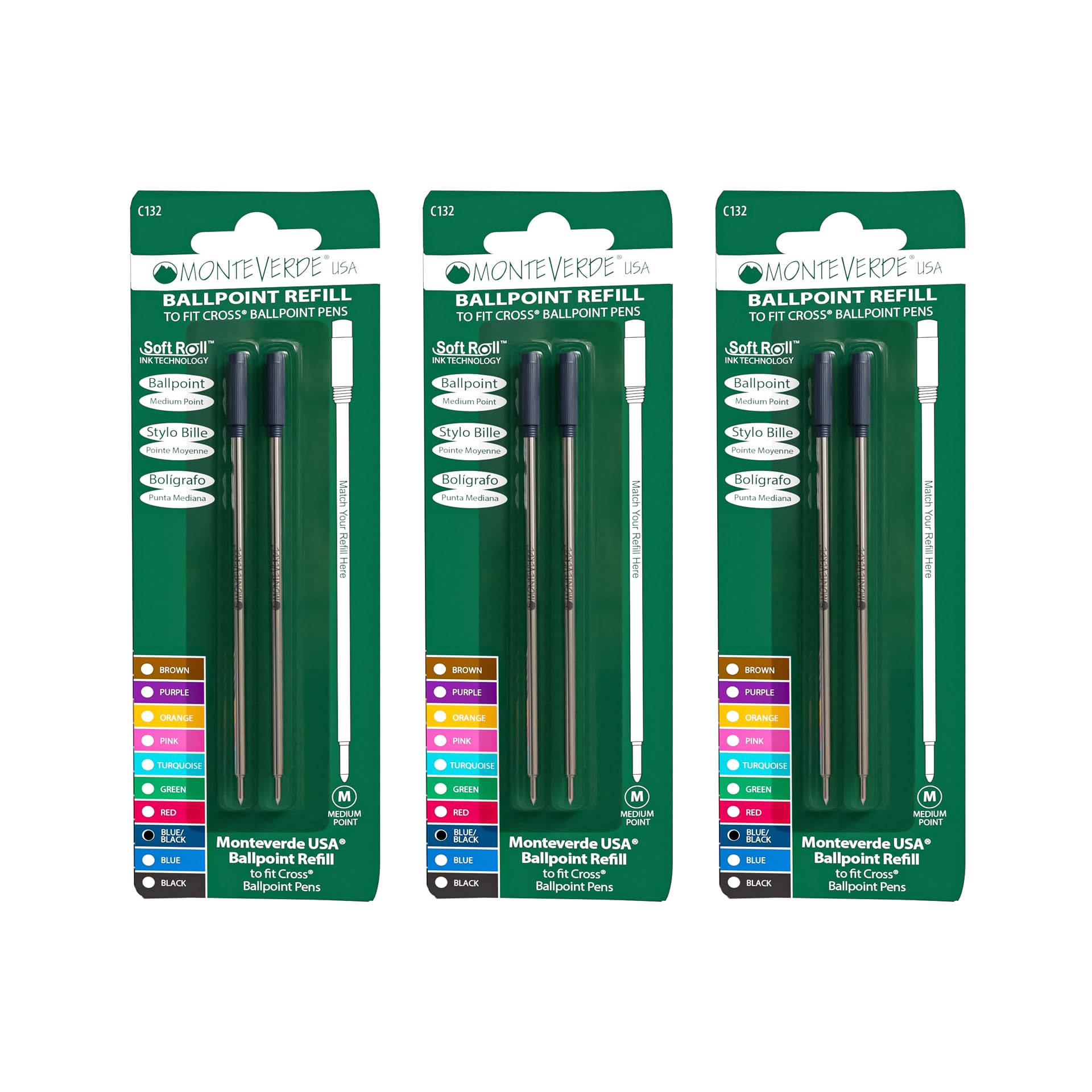 Monteverde C133Bb Ballpoint Refill To Fit Cross Ballpoint Pens, Medium, Blue/Black, 6 Pack