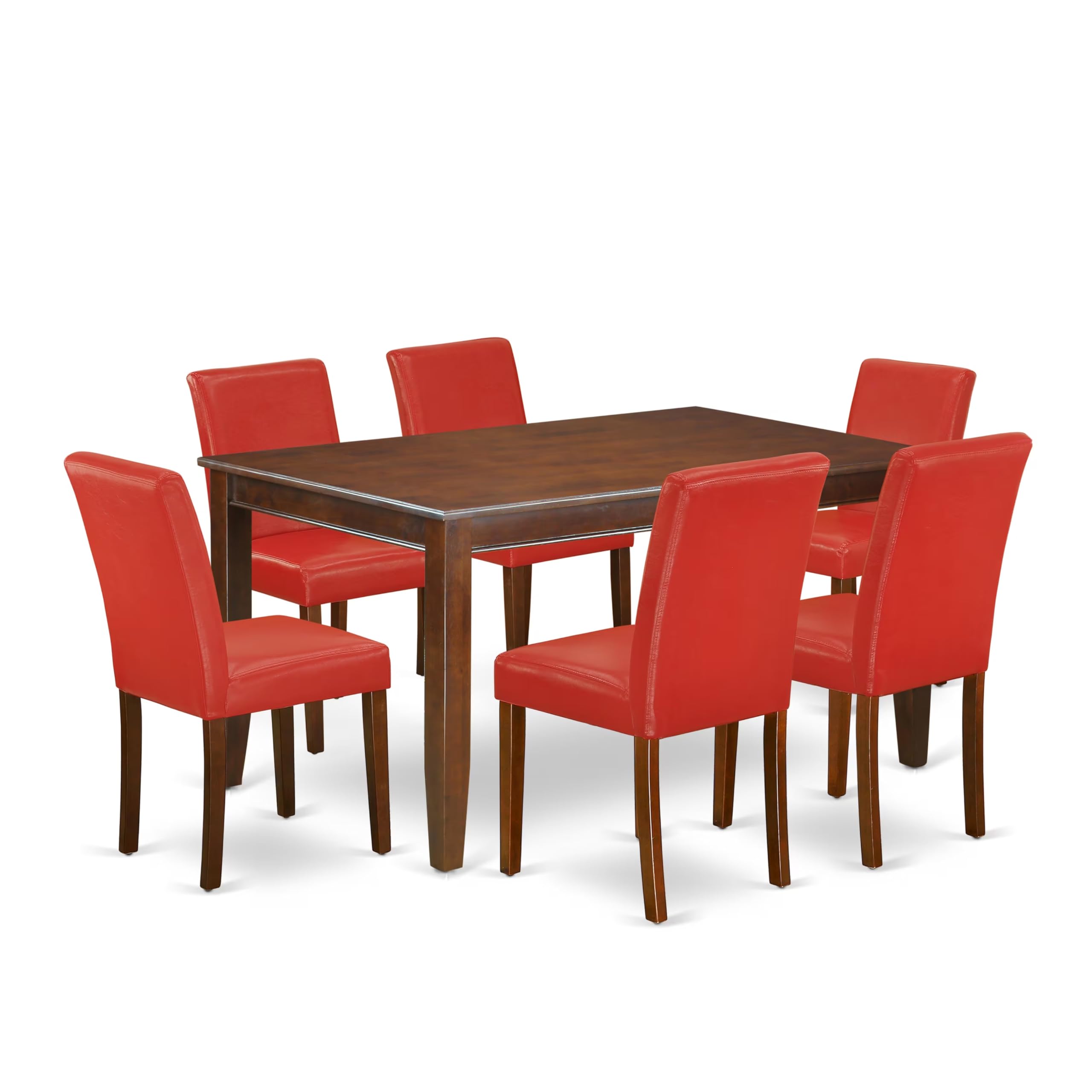 East West Furniture Duab7-Mah-72 7 Piece Dining Set Consist Of A Rectangle Dining Room Table And 6 Firebrick Red Faux Leather Upholstered Parson Chairs, 36X60 Inch, Mahogany