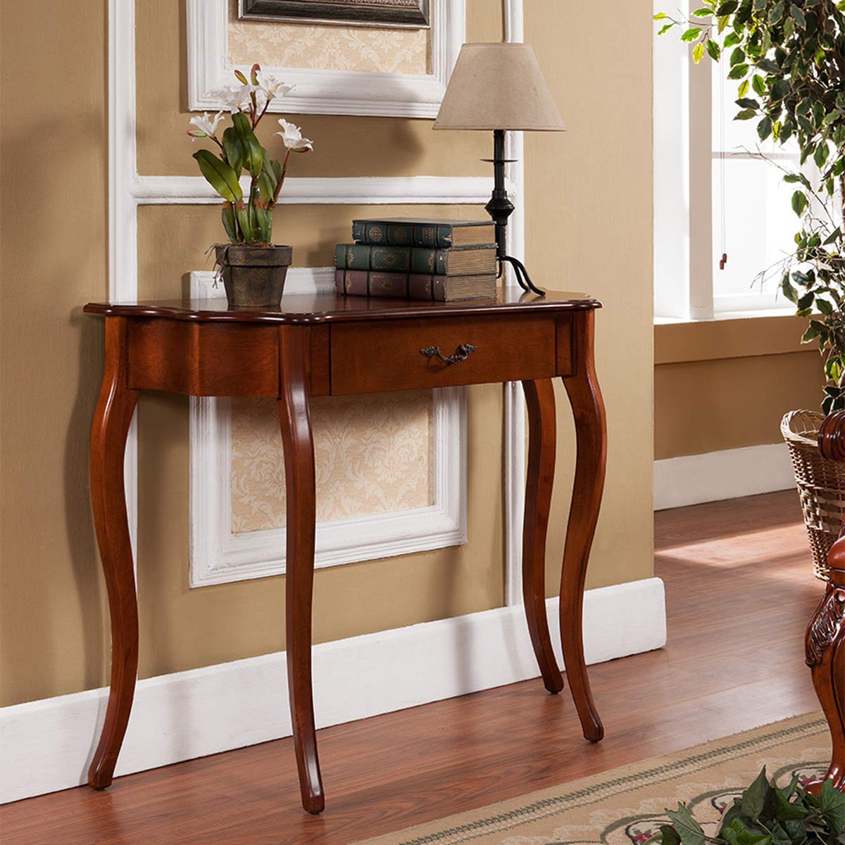 All Things Cedar Classic Accents HR116 Curved Console Table | Cherry Wood Console Table | Birch Veneer, Solid Wood Legs, Interior Drawer | Elegant Wooden Entry Table | 41x14x33
